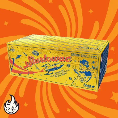 Eine gelbe Schachtel mit der Aufschrift "Iskra Startowac Compound" von Iskra zeigt verspielte Raketen, ein lächelndes Kind, einen orangefarbenen wirbelnden Hintergrund, ein weißes Flammensymbol und Anklänge an Verbundfeuerwerk und Palmeneffekte.