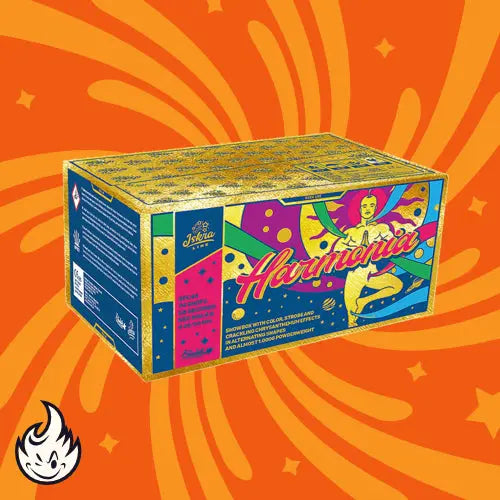 Eine lebendige Schachtel mit der Aufschrift "Iskra Harmonia Compound" von Iskra zeigt Pop-Art-Grafiken einer Frau und lebendige Muster auf einem orangefarbenen Hintergrund mit wirbelnden gelben Mustern, ein weißes Flammensymbol und ein von einem Feuerwerk inspiriertes Kunstwerk.