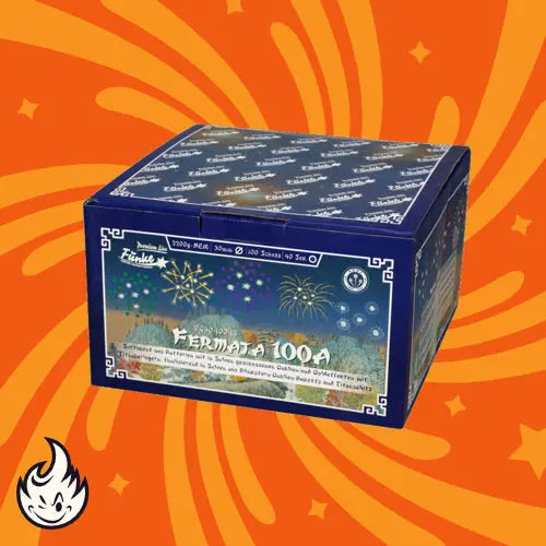 Die Funke Fermata 100-A Cakebox von Funke zeigt ein Feuerwerk und eine Stadtlandschaft auf einem orangefarbenen Hintergrund mit gelben Wirbelmustern und einem kleinen Flammensymbol in der Ecke.