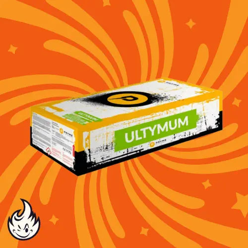 Eine rechteckige Schachtel mit der Aufschrift "Pryme Ultymum" der Marke Pryme steht auf einem orangefarbenen Hintergrund mit wirbelnden gelben Linien und Sternformen und einem kleinen flammenartigen Cartoon-Logo in der unteren linken Ecke.