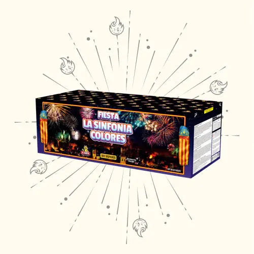 Eine Schachtel mit El Gato Fiesta La Sinfonia Colores Feuerwerkskörpern von El Gato, mit bunten Feuerwerksillustrationen auf der Verpackung vor einem hellen Hintergrund mit illustrierten Explosionen.