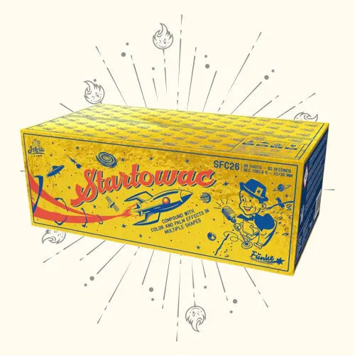 Eine gelb-blaue Iskra Startowac Verbunddose zeigt eine Rakete und einen Jungen im Retro-Stil, akzentuiert mit Sternen und Funken. Das Design suggeriert Palmeneffekte und Aufregung - ideal für ein Verbundfeuerwerk mit 84 Schuss.