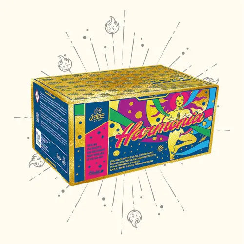 Die Iskra Harmonia Compound Box zeigt eine Frau im Retro-Comic-Stil, kühne Formen und knisternde Chrysanthemen-Effekte. Die bunte Verpackung von Iskra zeigt strahlende Linien, einen hellen Hintergrund und kleine Flammensymbole.