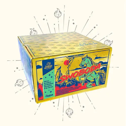 Die Iskra Swoboda Fan Compound von Iskra bietet eine lebendige Box mit Einhorn-, Feuer- und lebhaften Gelb-, Blau- und Rot-Motiven, Starburst-Hintergrund und liefert 82 Schüsse mit aufregenden Showbox-Brokade-Effekten.
