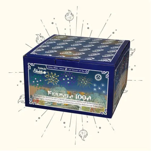 Eine blaue rechteckige Schachtel mit der Aufschrift "Funke Fermata 100-A Cakebox" von Funke zeigt bunte Feuerwerksgrafiken und den deutschen Text "100 Schuss Verbundfeuerwerk" auf der Vorderseite vor einem hellen Hintergrund mit kleinen Feuerwerksabbildungen.