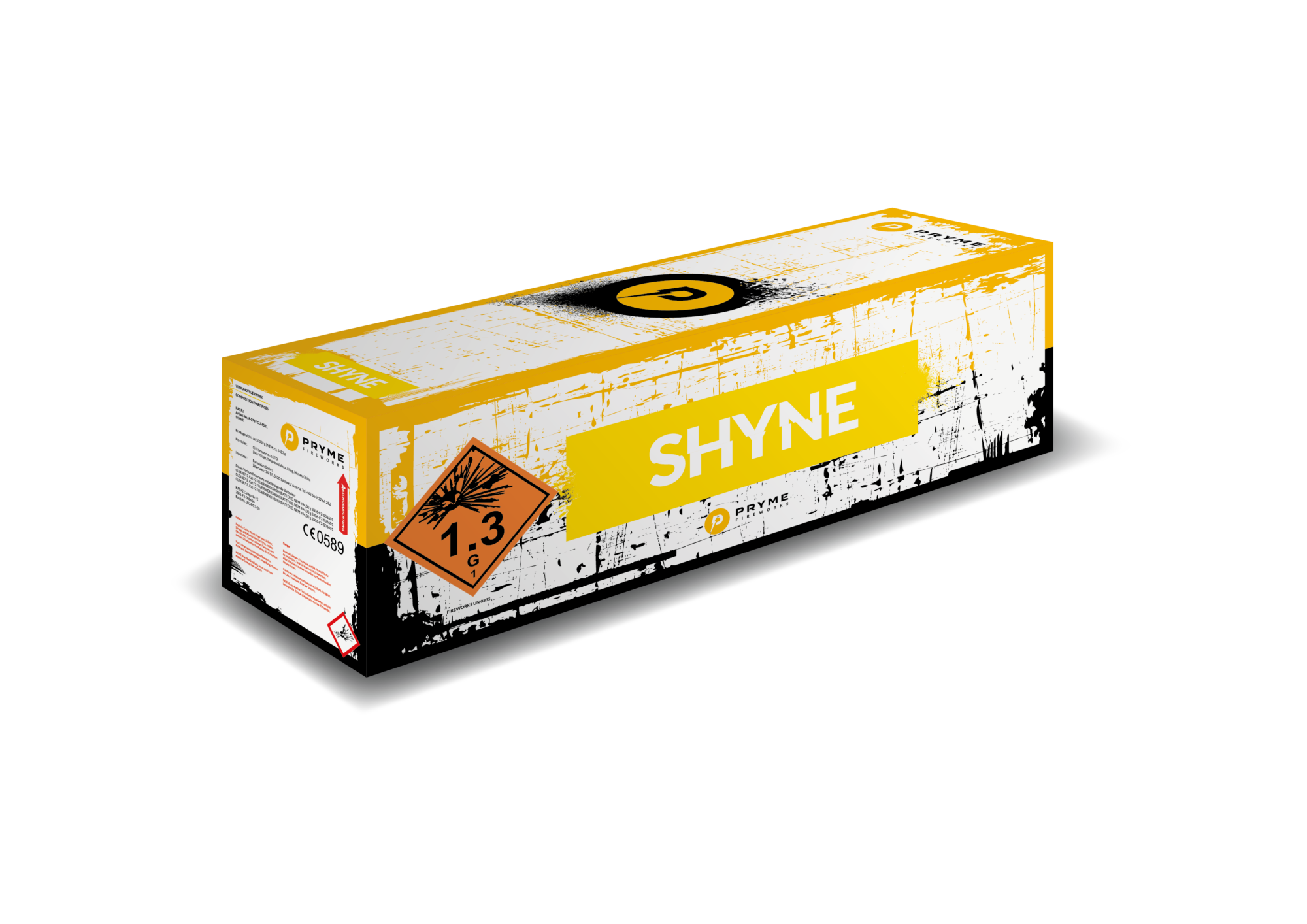 Eine rechteckige Box mit gelb-weißem Design, auf der die Worte „Pryme Shyne 78sh Compound“ und ein Gefahrensymbol für Sprengstoffe (1.3) zu sehen sind. Die Box hat ein körniges, strukturiertes Aussehen und weist an der Seite Warnhinweise auf.
