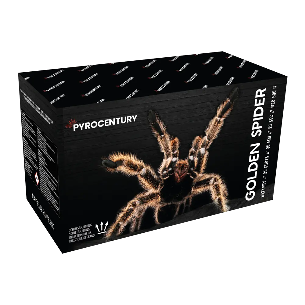 Die schwarze, rechteckige Pyrocentury Golden Spider Fan Box von Pyrocentury zeigt eine goldene Vogelspinne auf dunklem Hintergrund, mit 49 Schuss, 30 mm fächerförmigem Design und anderen Details, die klar dargestellt sind.