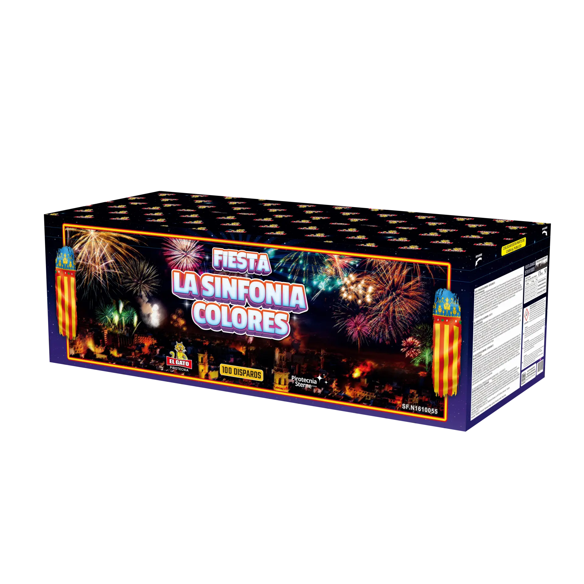 Die Schachtel El Gato Fiesta La Sinfonia Colores von El Gato zeigt ein lebhaftes Feuerwerk über einer nächtlichen Stadtlandschaft. Auf der Verpackung stehen "100 disparos" (100 Schüsse) für ein unvergessliches Feuerwerk.