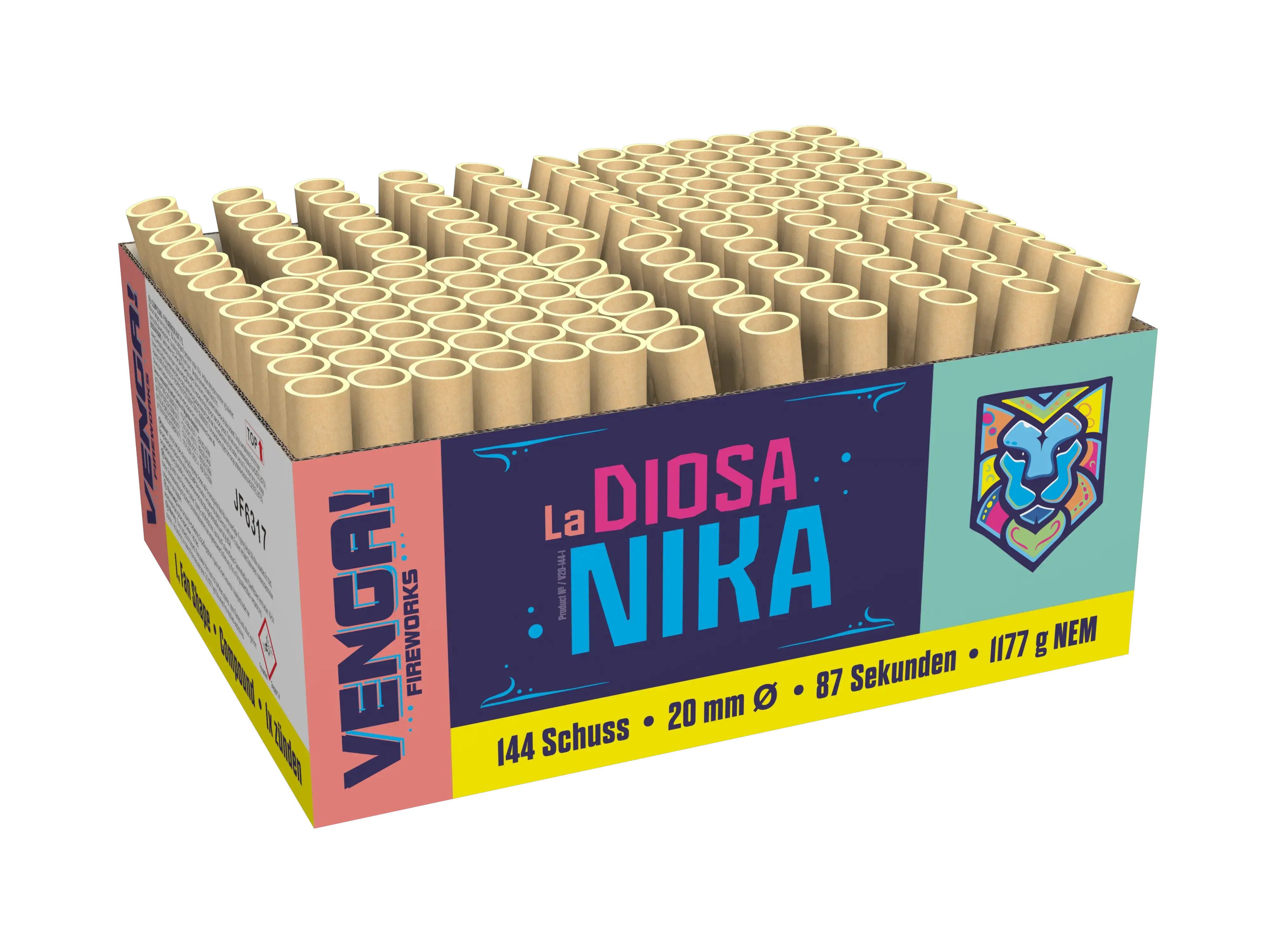 Eine Schachtel VENGA! La Diosa Nika von VENGA! besteht aus mehreren zylindrischen Röhren, die 144 Schuss mit 20 mm Durchmesser in 87 Sekunden abgeben und 1177 g NEM enthalten.