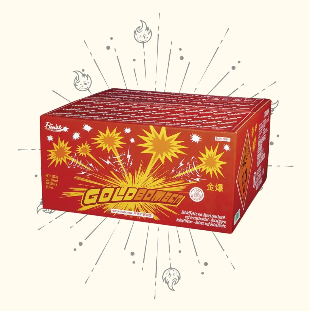 Ein roter Kasten mit der Aufschrift "Funke Goldbomber Flowerbed" mit gelben Starbursts, Warnsymbolen, Funken und Feuersymbolen unterstreicht die Aufregung der Funke-Feuerwerke und verspricht ein kraftvolles Titansalut-Finale.