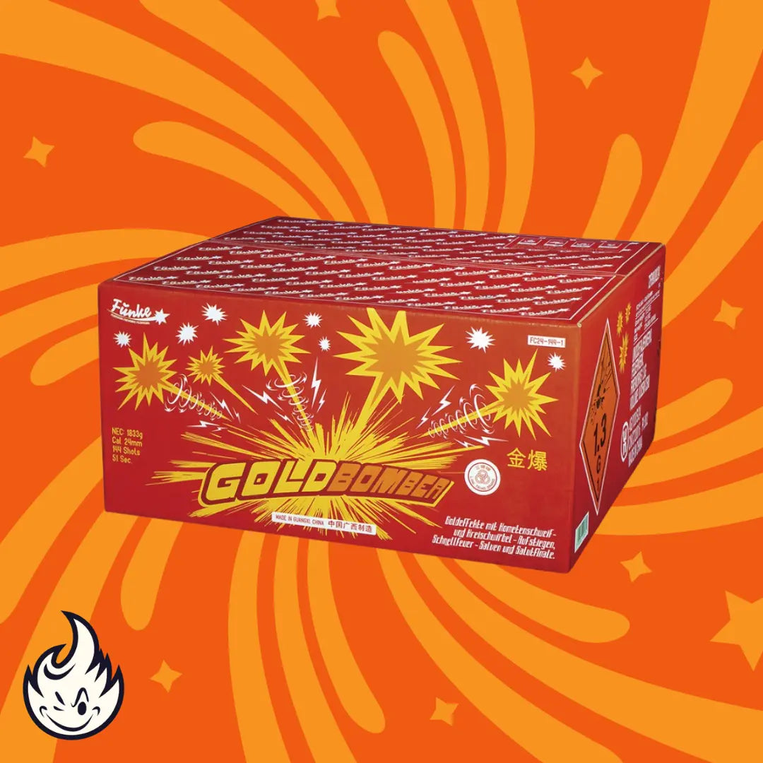 Eine rote Schachtel mit Funke Goldbomber Flowerbed Feuerwerkskörpern der Marke Funke steht vor einem orangefarbenen Hintergrund mit gelben Starburst-Mustern, mit gelben Feuerwerksgrafiken, Warnhinweisen und einem kleinen Flammenlogo in der unteren linken Ecke.
