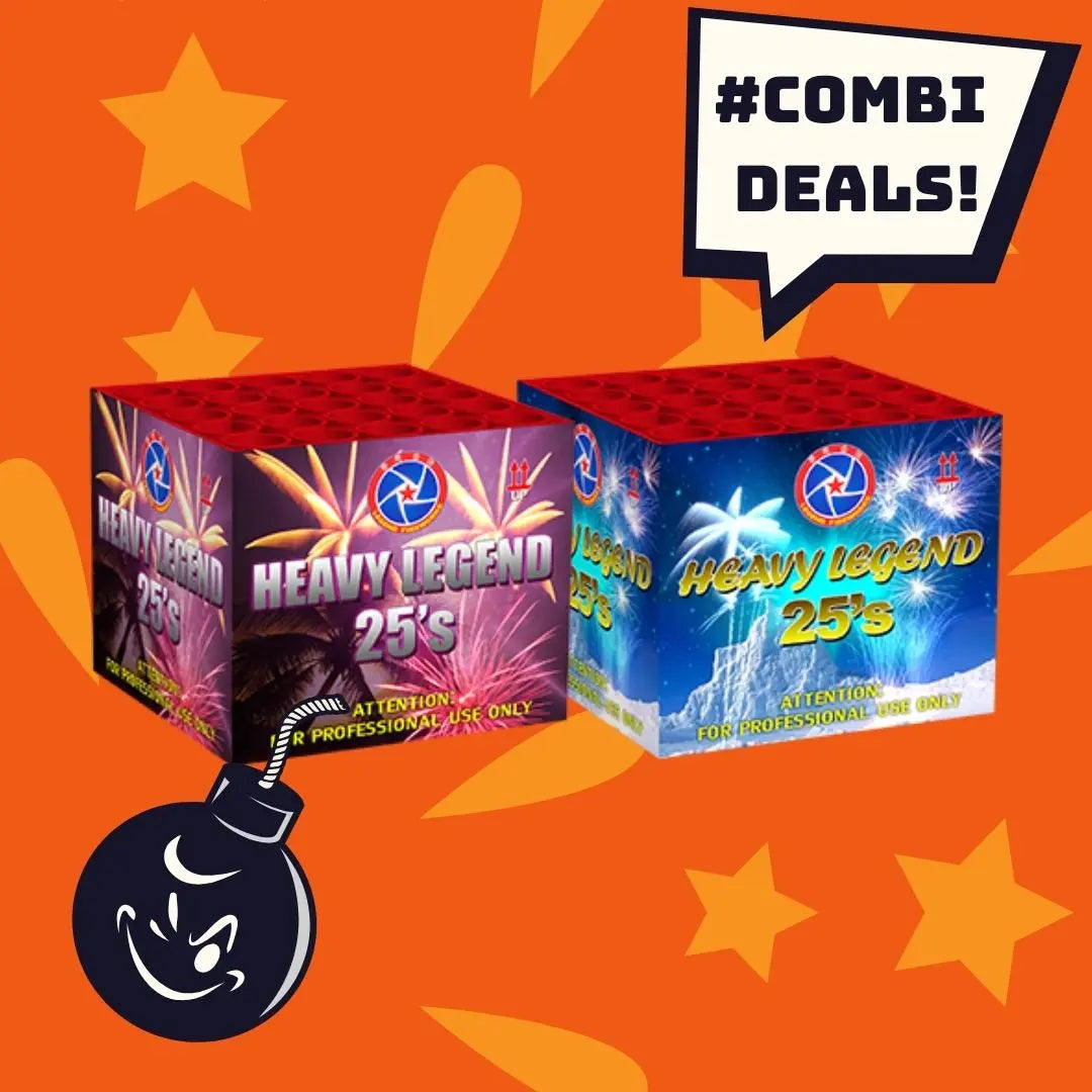 Zwei #COMBIDEAL 💣 Rubro Heavy Legends 25sh - 2 Stk Schachteln von FEUERWERK OUTLET sind nebeneinander auf einem orangefarbenen Sternenhintergrund abgebildet, mit "#COMBI DEALS!" in einer Sprechblase und einem Bombensymbol unten links.