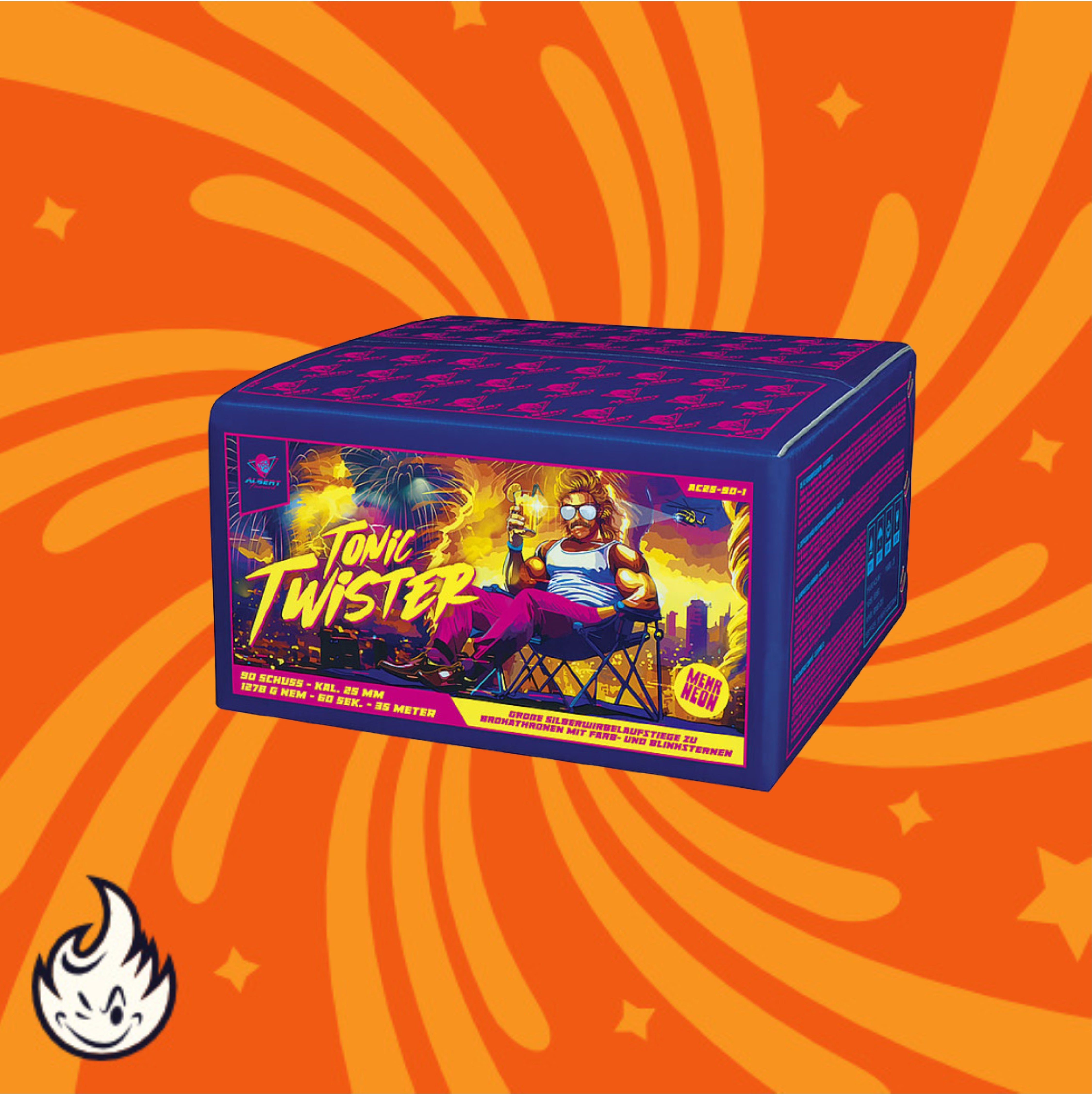 Eine farbenfrohe Schachtel Albert Tonic Twister Verbundfeuerwerk 90sh von Albert steht vor einem orangefarbenen Hintergrund mit gelben Wirbeln und zeigt eine Zeichentrickfigur mit Sonnenbrille, die sich entspannt, während über ihnen ein Feuerwerk explodiert.