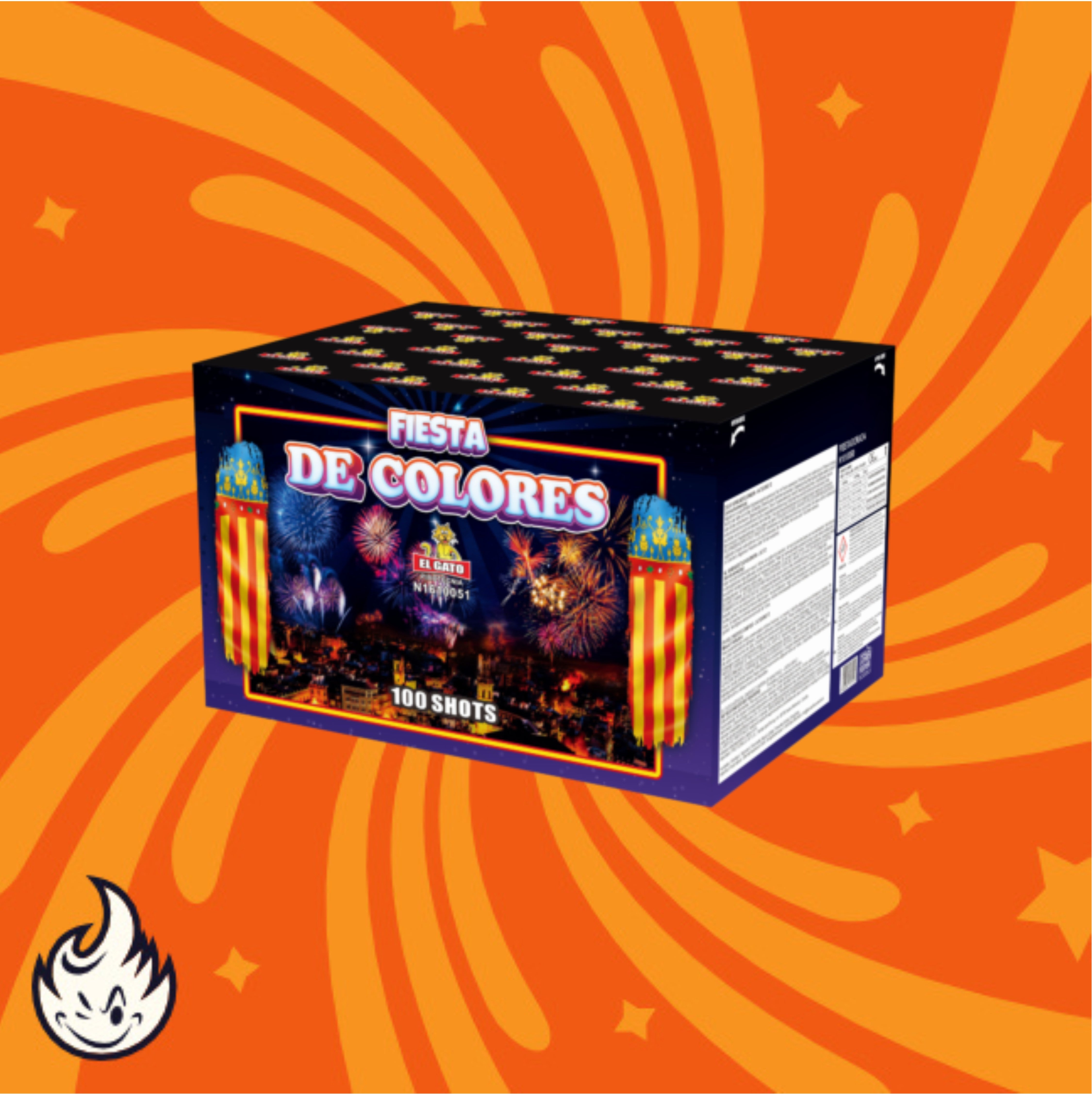 El Gato Fiesta de Colores 100sh von El Gato: eine farbenfrohe Feuerwerksbox mit bunten Illustrationen, beschriftet als 30 mm Verbundfeuerwerk, auf einem orangefarbenen Hintergrund mit wirbelnden gelben Mustern und einem kleinen Flammensymbol.