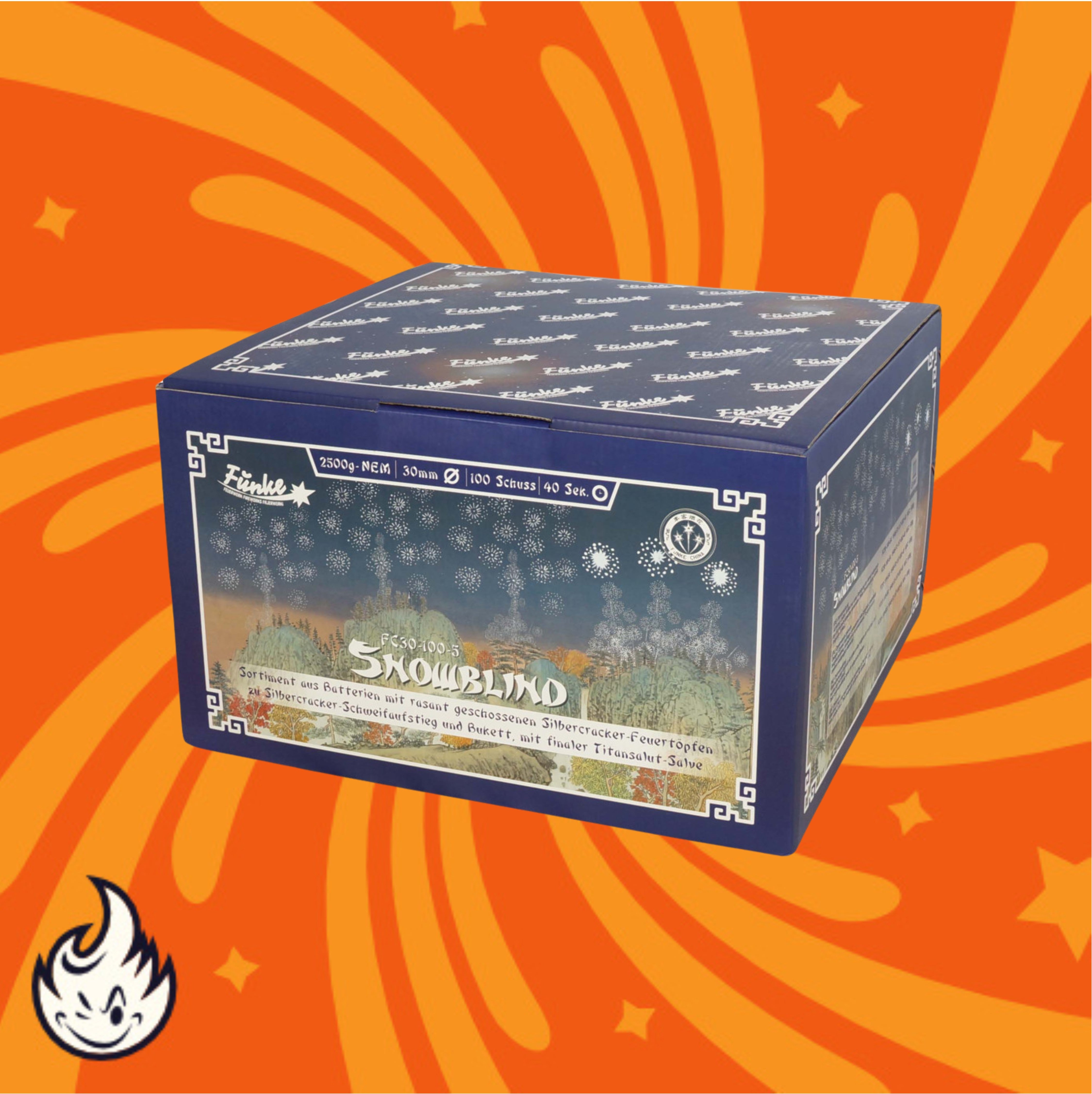 Eine blaue rechteckige "Funke Snowblind Cakebox" von Funke ruht auf einem orangefarbenen Hintergrund mit einem abstrakten Sprengmuster und einem Flammensymbol in der Ecke. Die Box ist mit silbernen Glitzern und weißen Dekoren verziert.