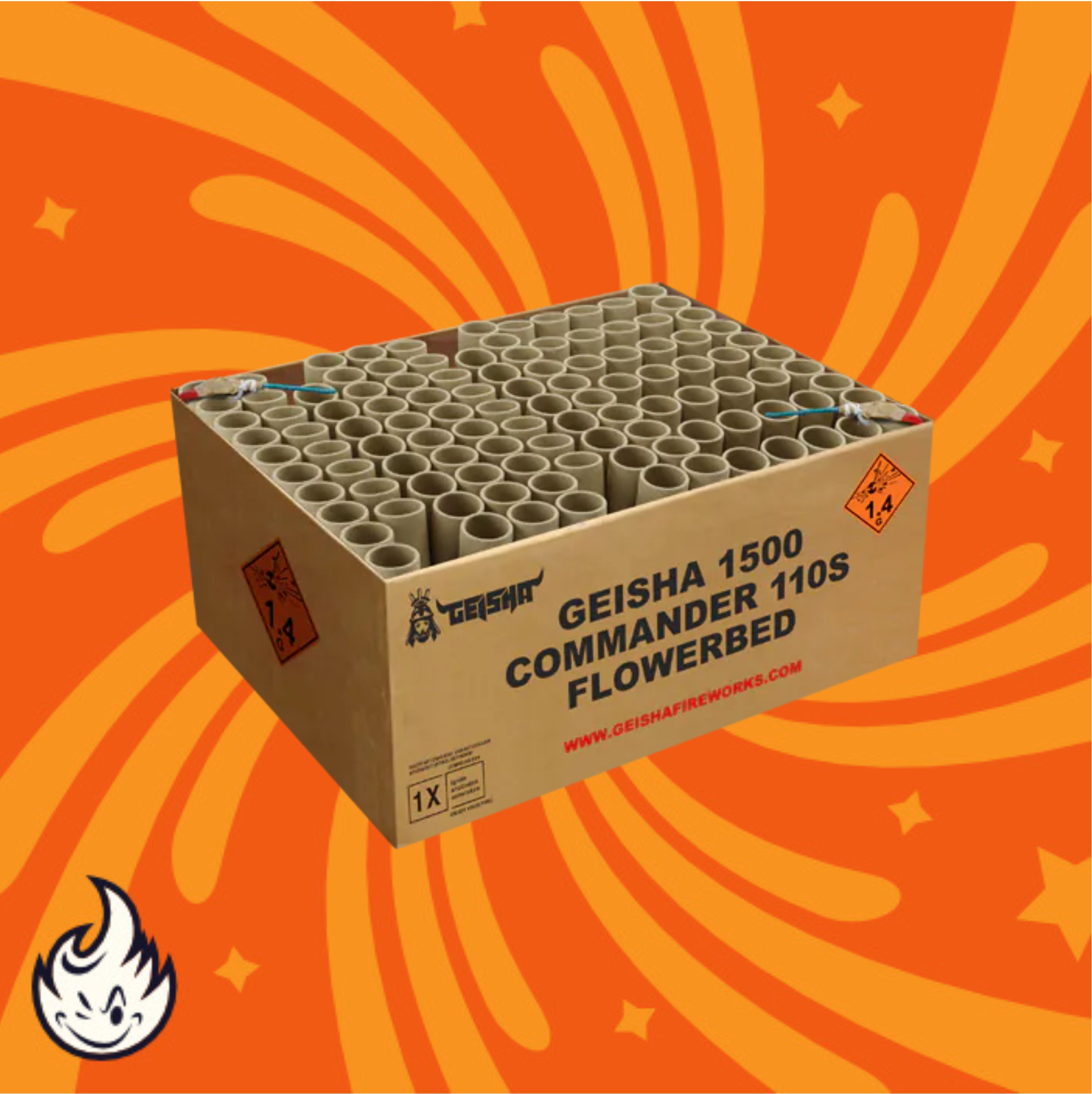 Eine Box mit der Aufschrift „Geisha Commander 110’s Flowerbed“ von Geisha, die mehrere zylindrische Röhren enthält, steht vor einem orangefarbenen Hintergrund mit gelben Wirbelmustern, kleinen Sternen und einem Flammensymbol in der Ecke.