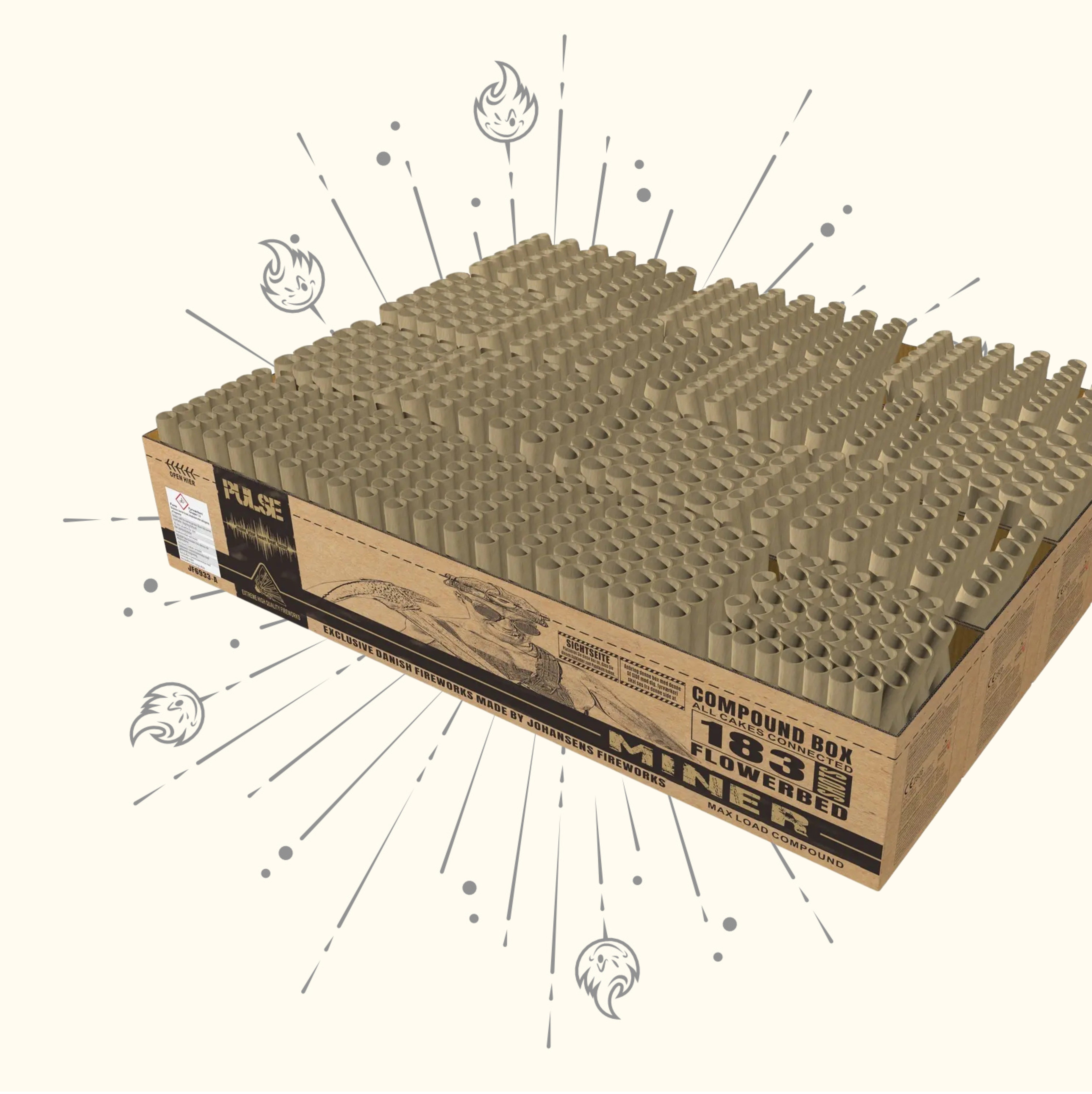 Eine große rechteckige Pappschachtel mit der Aufschrift "Miner Showbox A|B|C|D" von J-Fireworks, gefüllt mit mehreren zylindrischen Verbundfeuerwerk-Röhren, vor einem cremefarbenen Hintergrund mit illustrierten Funkenlinien und kleinen Flammensymbolen.