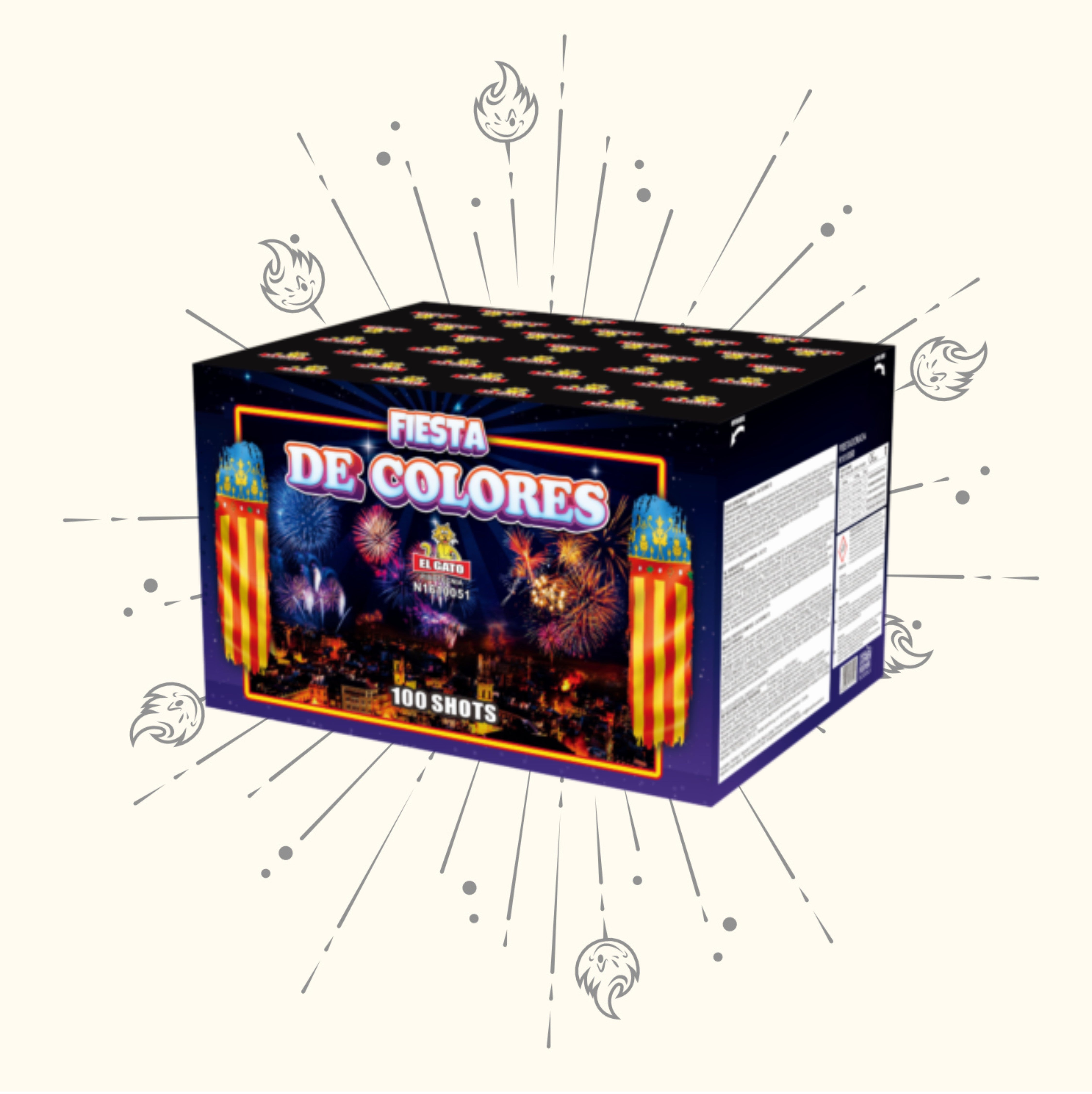 Die „El Gato Fiesta de Colores 100sh“ von El Gato ist eine farbenfrohe Feuerwerksbox mit Bildern von schillernden Effekten und Funkenmotiven, die atemberaubende 30-mm-Verbundfeuerwerk-Effekte auf hellem Hintergrund zeigt.