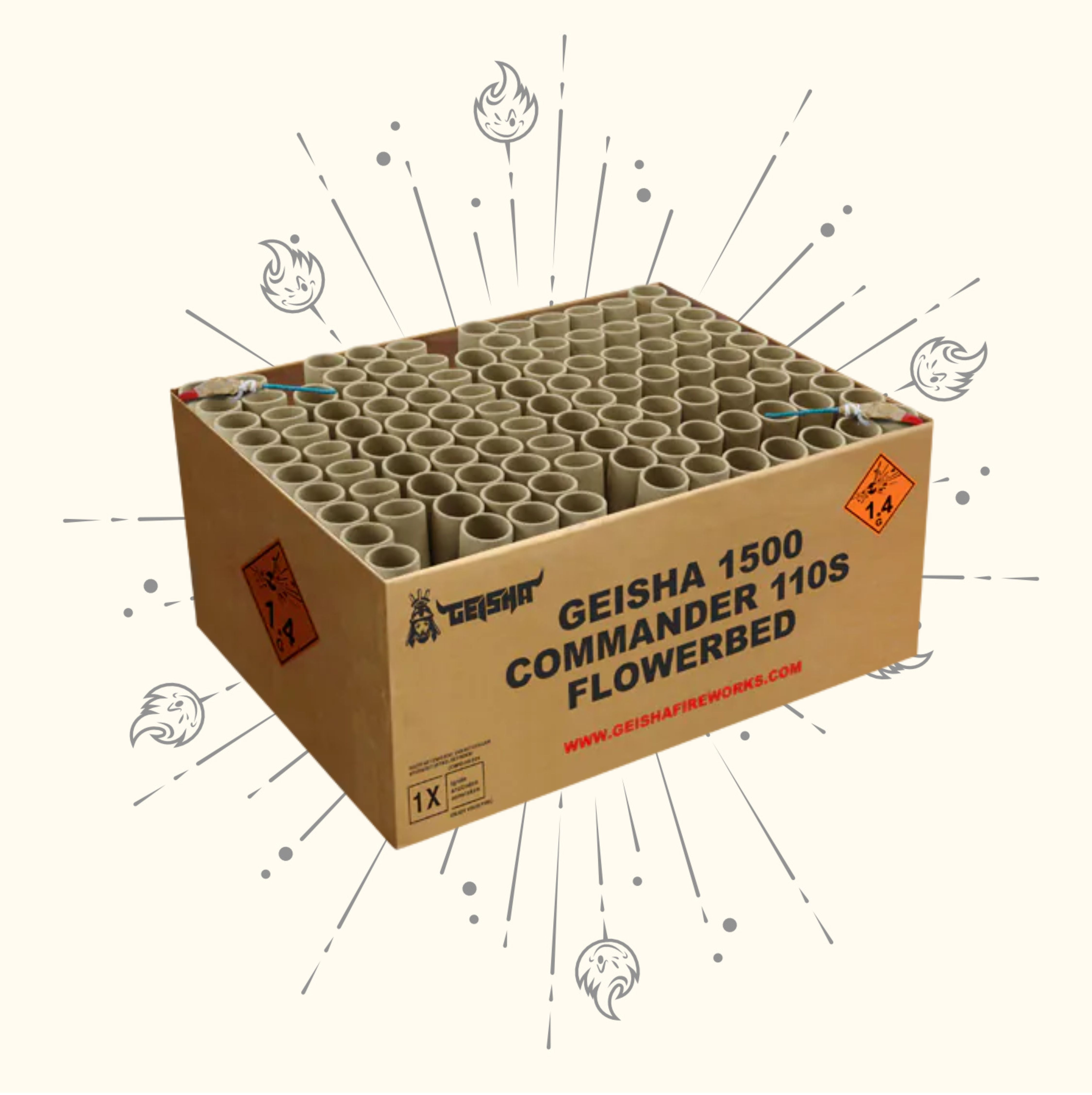 Eine große Box mit der Aufschrift „Geisha Commander 110’s Flowerbed“ von Geisha zeigt Reihen zylindrischer Röhren für Verbundfeuerwerk XXL, mit Gefahrenhinweisen und grafischen Linien, die auf einem hellen Hintergrund von der Box ausgehen. Insgesamt 110 Aufnahmen.