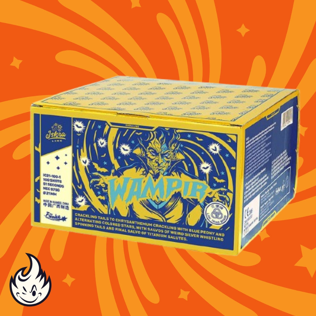 Eine gelbe und blaue Iskra Wampir Compound Box von Iskra mit einem Blitzmotiv auf einem orangefarbenen Hintergrund mit wirbelnden Mustern und einem weißen Flammensymbol in der Ecke.