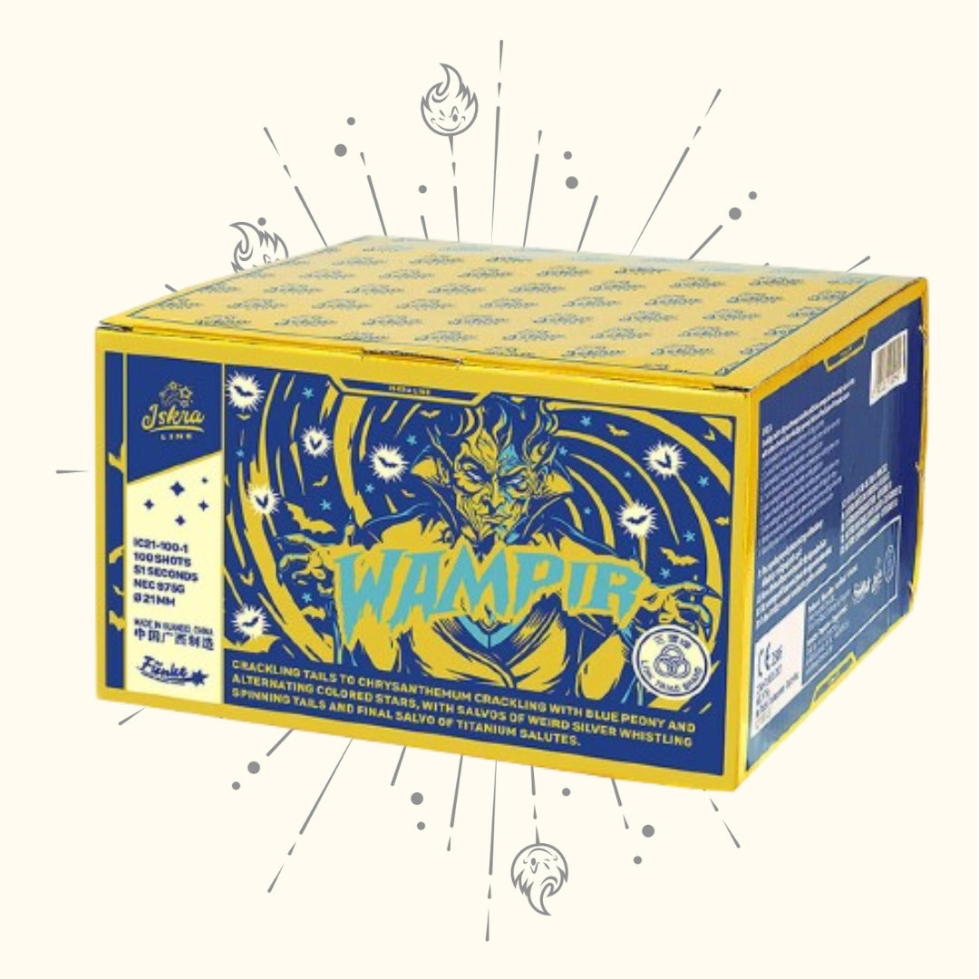 Eine gelbe und blaue Iskra Wampir Compound Box mit einer wildäugigen Kreatur bietet 21mm Verbundfeuerwerk-Effekte - knisternde Schwänze, farbige Sterne, Pfingstrosen und Stroboskope - und macht das 100-schüssige Iskra-Display zu einem aufregenden Feuerwerk.