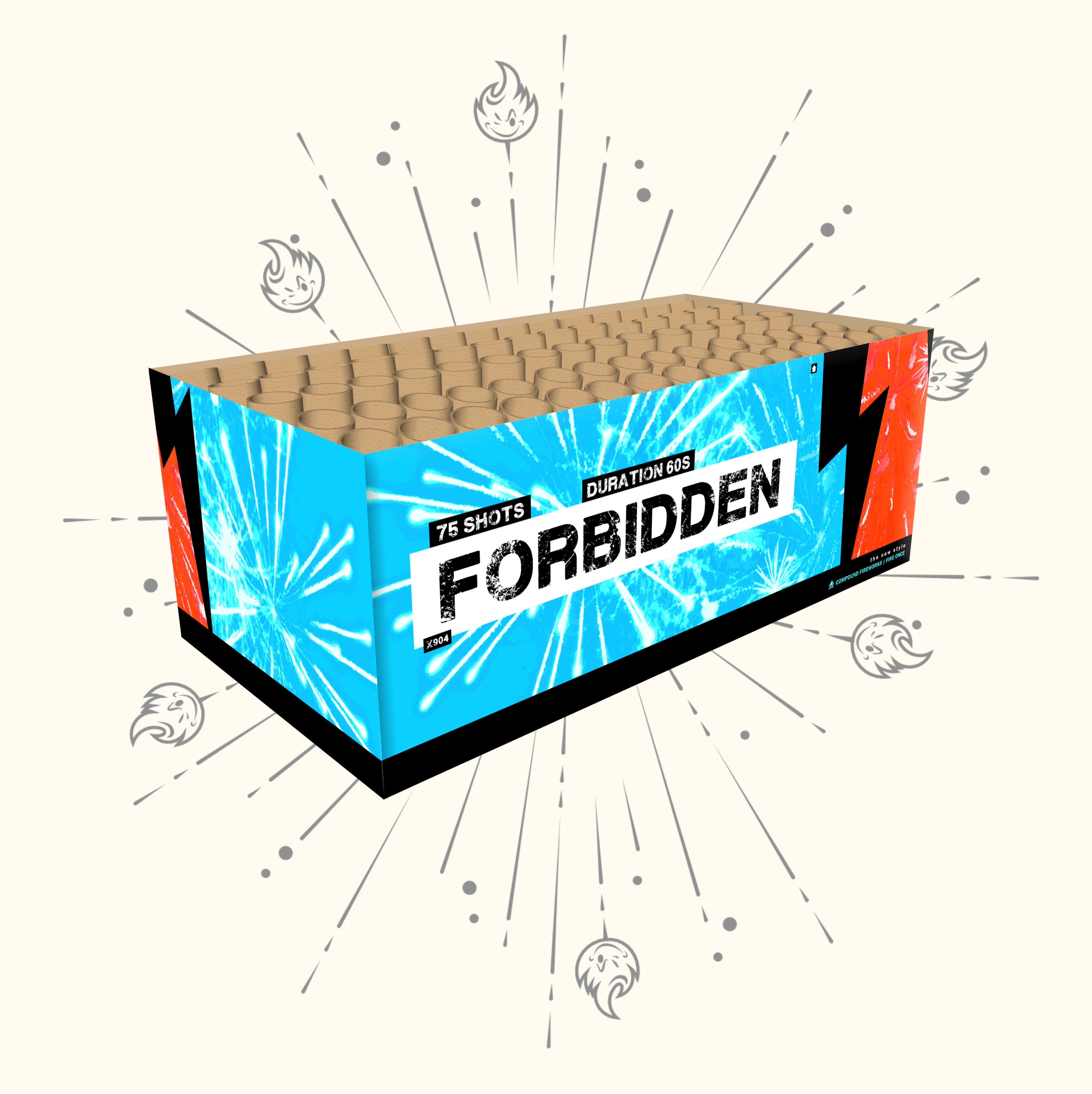 Eine rechteckige Katan Forbidden 75sh Z, Fan Feuerwerksbox von Katan mit blauer und roter Grafik, 75 Schuss, fächerförmigem Effekt, 30 mm Kaliber und einer Dauer von 60 Sekunden wird auf einem hellen Hintergrund mit Funken und Flammen abgebildet.