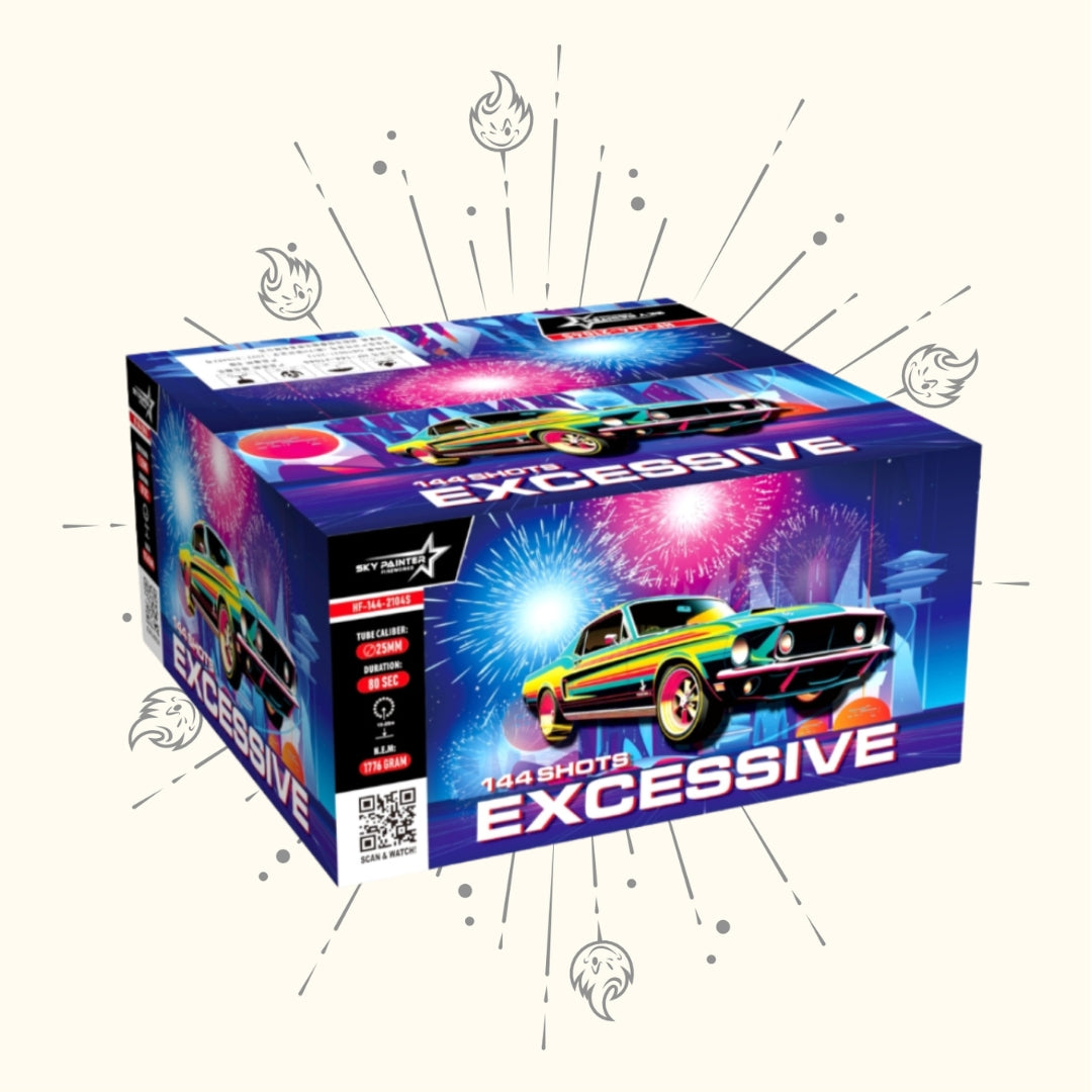 Die "Sky Painter Excessive" Cakebox von Sky Painter zeigt einen alten Sportwagen und ein Feuerwerk. Die leuchtende "144 Schuss"-Verpackung verspricht 144 schillernde Schüsse für ein unvergessliches pyrotechnisches Spektakel.