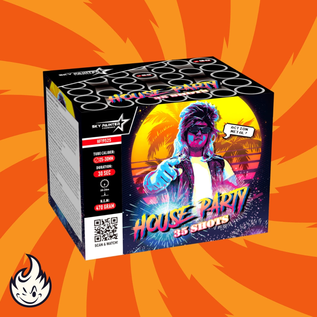 Feuerwerksschachtel mit der Aufschrift „Sky Painter House Party 35sh“ mit 35 Schuss. Das Design zeigt eine farbenfrohe Illustration einer Person mit Sonnenbrille vor einem lebendigen Hintergrund im Retro-Stil. Neben wirbelnden orangefarbenen Mustern gibt es ein kleines Flammensymbol mit Produktdetails, das die Essenz der Kunstfertigkeit der Marke Sky Painter einfängt.