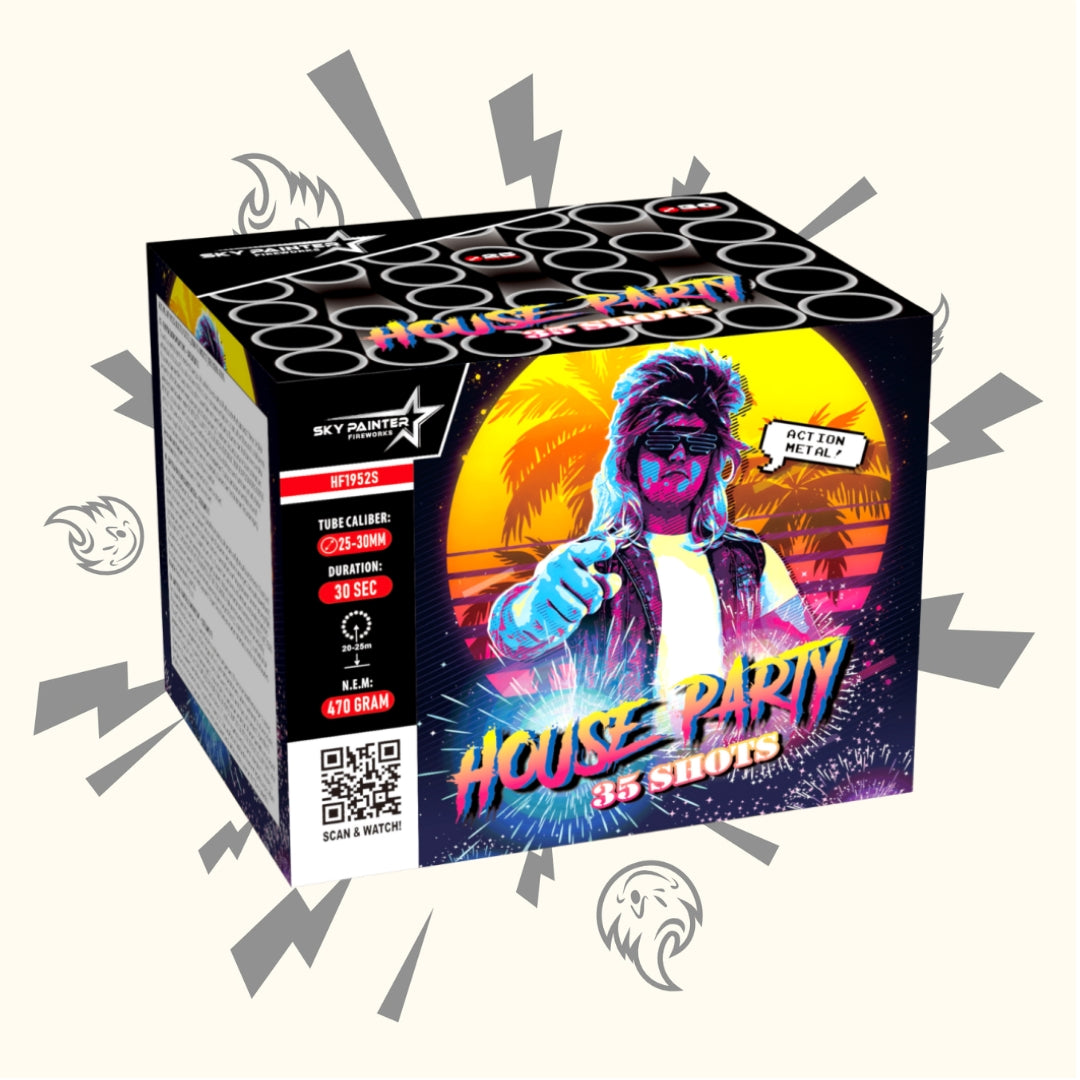 Die Sky Painter House Party 35sh der Marke Sky Painter ist eine farbenfrohe Feuerwerksbatterie mit einer Person mit Sonnenbrille und Weste, umgeben von leuchtenden Neongrafiken. Mit 35 Schüssen, einer Dauer von 30 Sekunden und einem Gewicht von 470 Gramm verspricht sie, Ihre nächste Feier zu etwas Besonderem zu machen.