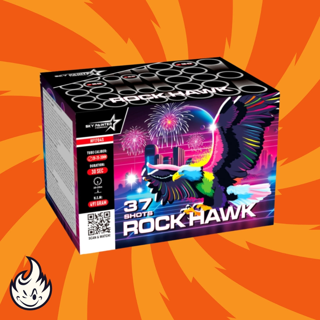 Die auffällige Verpackung des „Sky Painter Rock Hawk 37sh“ zeigt eine atemberaubende Illustration eines Falken, der inmitten eines Feuerwerks schwebt. Dieser 37-Schuss-Nervenkitzel, präsentiert von Sky Painter, zeigt einen orangefarbenen Wirbelhintergrund und ein Flammenlogo und fängt die Essenz eines aufregenden Feuerwerksbatterie-Erlebnisses perfekt ein.