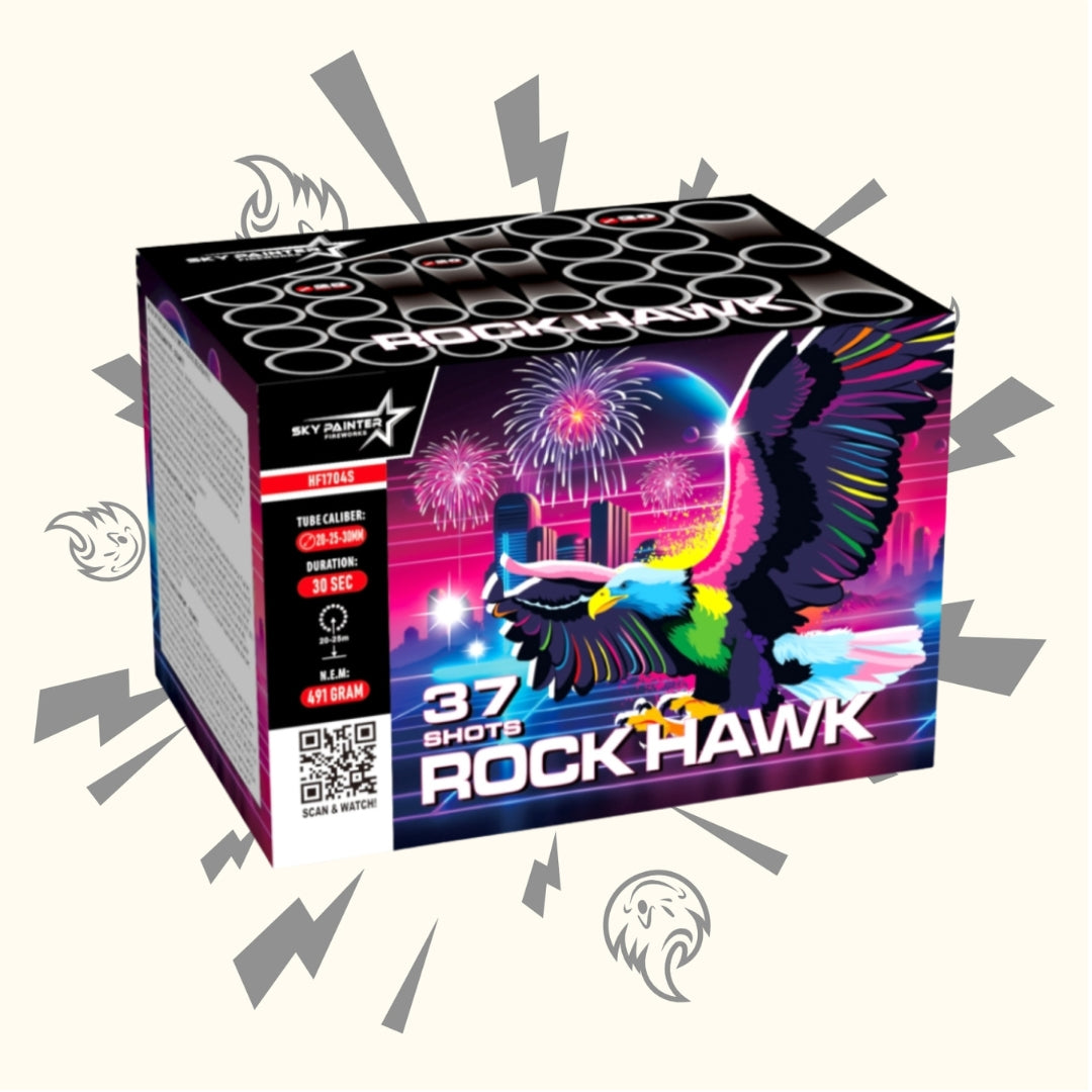 Das Bild zeigt die farbenfrohe Verpackung des Sky Painter Rock Hawk 37sh. Die Schachtel zeigt einen bunten Falken vor einem Feuerwerk und zeigt deutlich „37 Schüsse“ zusammen mit detaillierten Spezifikationen und Sicherheitssymbolen.