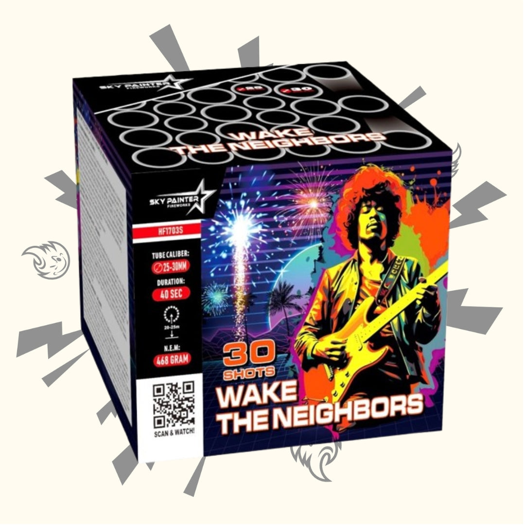 Eine farbenfrohe Feuerwerksbox namens „Sky Painter Wake the Neighbors 30sh“ zeigt eine Person, die eine E-Gitarre spielt. Vor einem Hintergrund aus farbenfrohem Feuerwerk und Palmen zeigt dieses Sky Painter-Produkt „30 Schuss“ zusammen mit einem QR-Code.