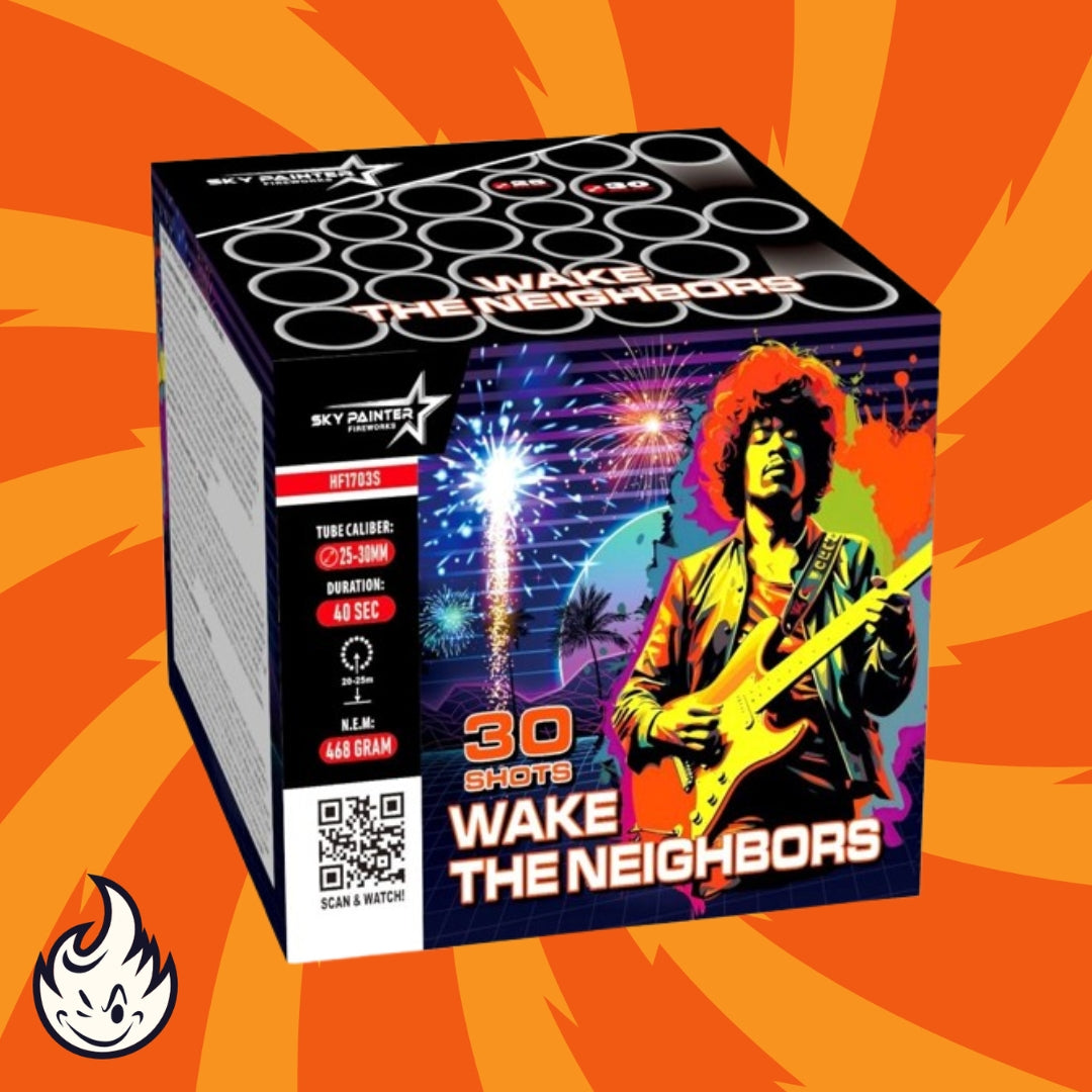 Die Feuerwerksbox „Sky Painter Wake the Neighbors 30sh“ von Sky Painter präsentiert ein lebendiges Design mit der Abbildung eines Gitarristen, umgeben von Feuerwerk und Palmen. Sie wird als „30 Schuss Feuerwerksbatterie“ vermarktet und hebt ihre „30 Schuss“-Funktion hervor, zusammen mit technischen Details wie Rohrkaliber und Dauer, um jeden Sky Painter-Fan zu begeistern.