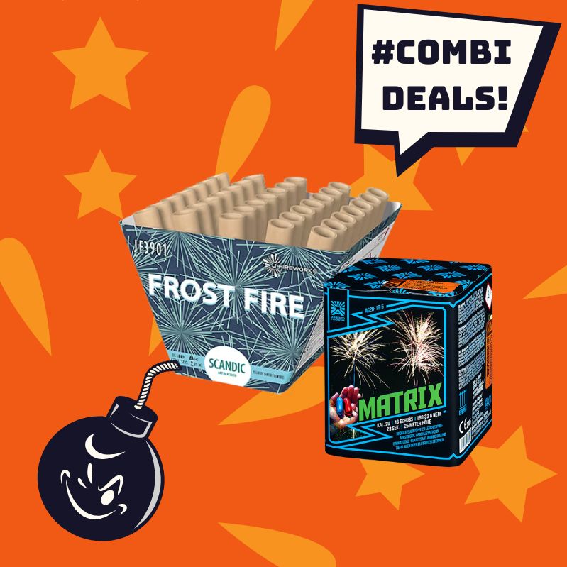 Das #COMBIDEAL 💣 Scandic Frost Fire + Argento Matrix von FEUERWERK OUTLET zeigt zwei Feuerwerkskörper in Form einer offenen Schachtel und eines Würfels mit einer Cartoon-Bombe und einer Sprechblase "#COMBI DEALS!" auf einem orangefarbenen Sternenhintergrund.