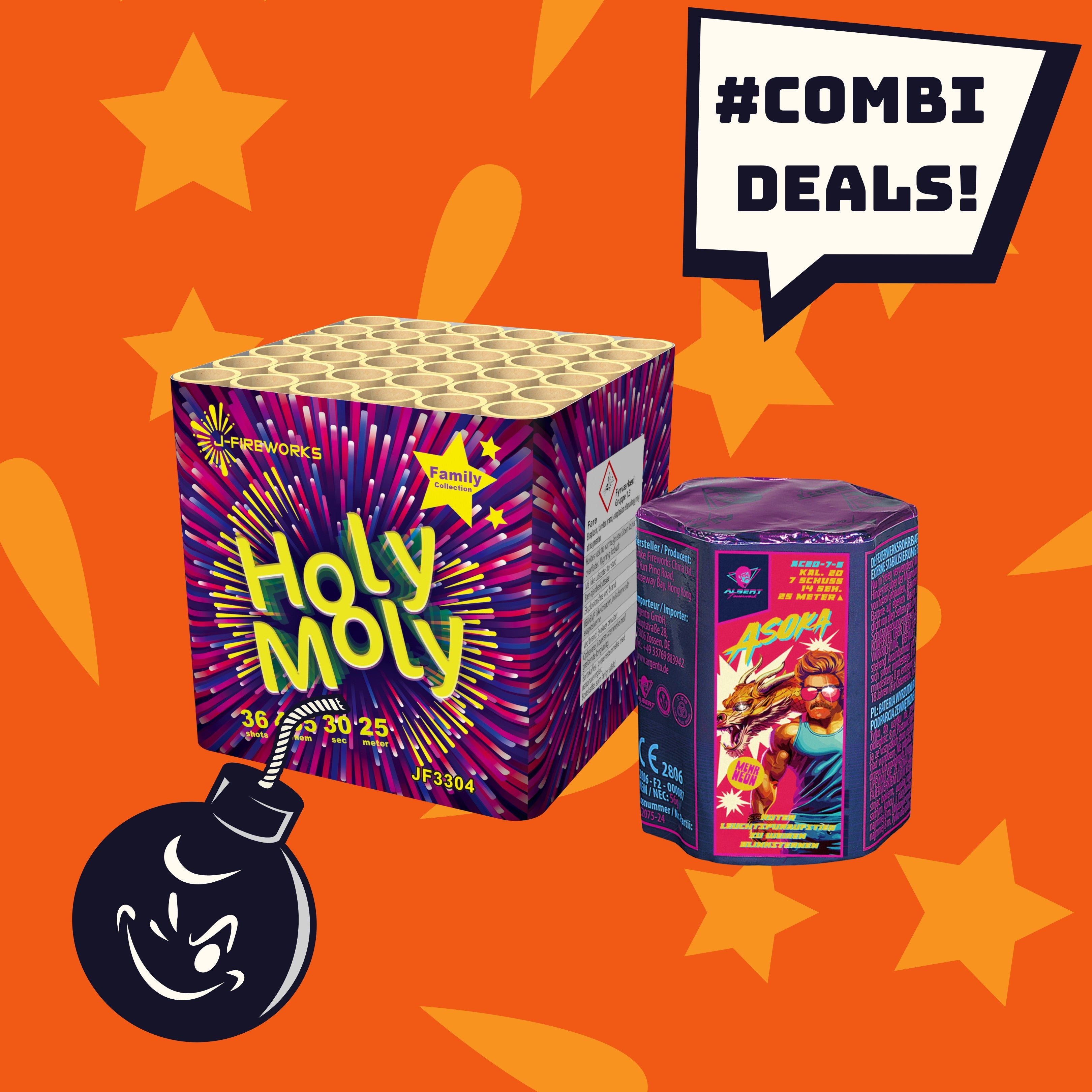 Zwei farbenfrohe Feuerwerksboxen, „Albert Asoka“ und „Holy Moly“, aus dem #KOMBI-ANGEBOT 💞 des FEUERWERK OUTLET, sind auf einem leuchtend orangefarbenen Sternenhintergrund abgebildet. Eine Sprechblase mit der Aufschrift „#KOMBI-ANGEBOTE!“ und eine lächelnde Cartoon-Bombe befinden sich unten links.