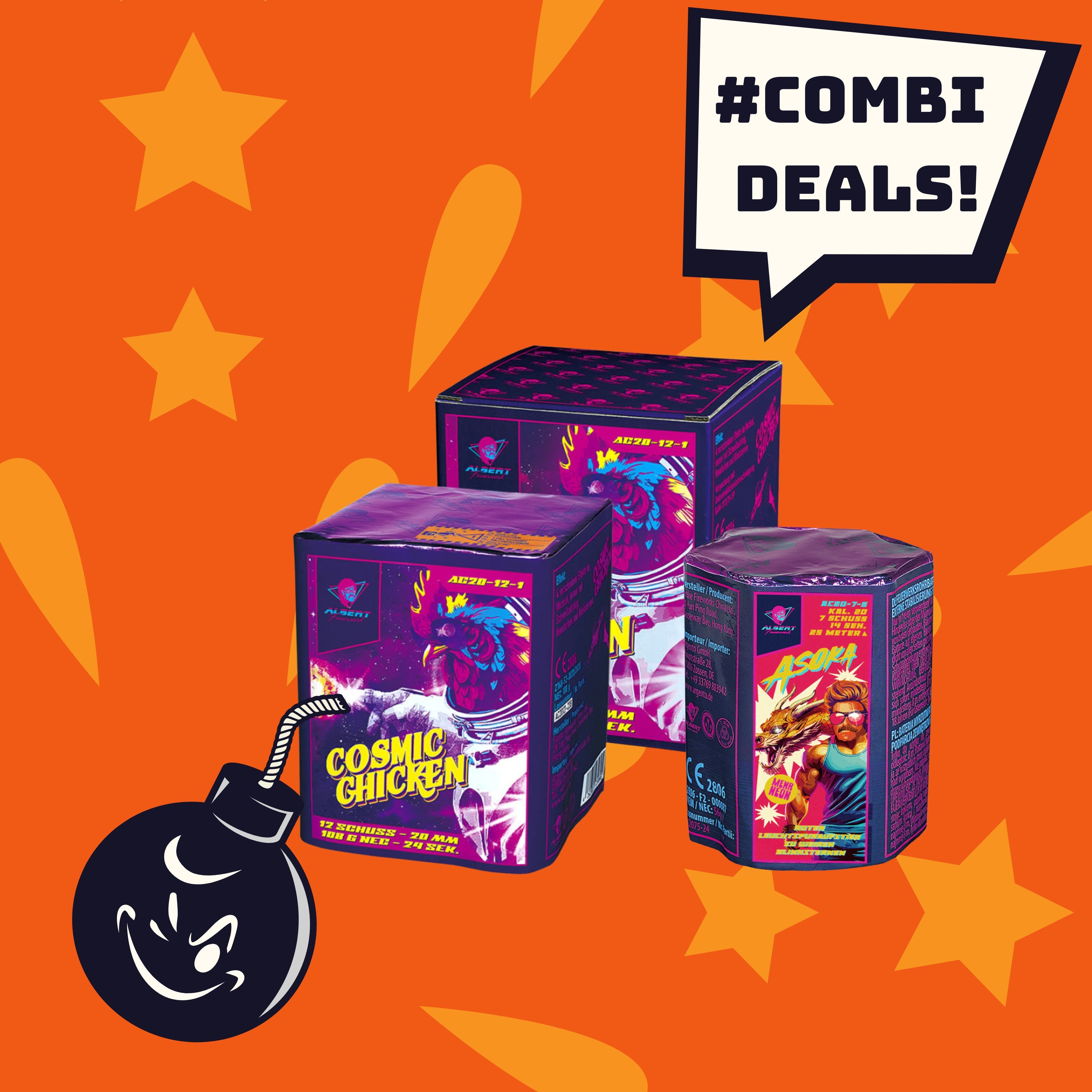 Drei bunte Feuerwerksboxen, Teil des #KOMBIIDEAL 💞 Albert Asoka + Cosmic Chicken vom FEUERWERK OUTLET, werden auf einem orangefarbenen Hintergrund mit Sternenmuster, einer lächelnden Cartoon-Bombe und einer „#KOMBI-ANGEBOTE!“-Sprechblase präsentiert.