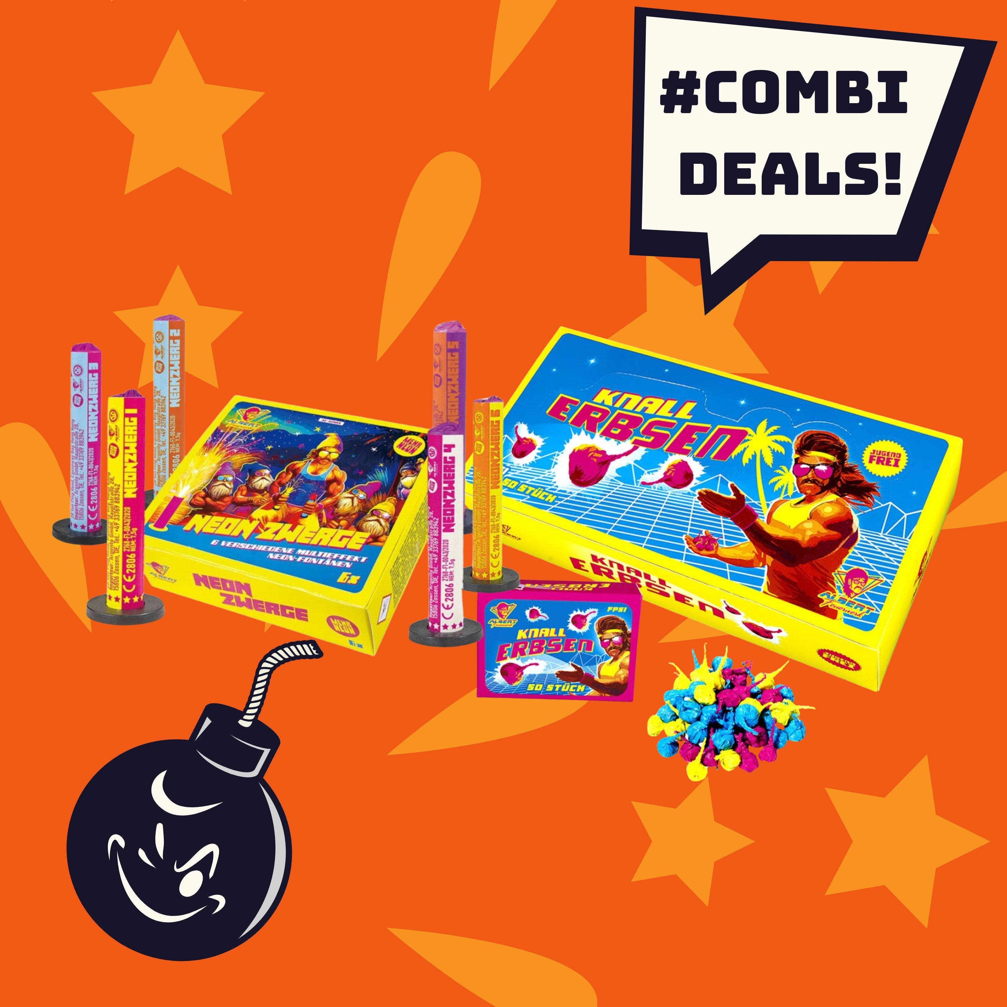 FEUERWERK OUTLET präsentiert #KOMBIIDEAL 💞: das Albert Neon Zwerge + Knallerbsen Display F1! Bunte Feuerwerkskörper und -stäbe werden auf orangefarbenem Hintergrund mit Sternen, einer Comic-Bombe und einem auffälligen „#KOMBI-ANGEBOTE!“-Schild präsentiert.