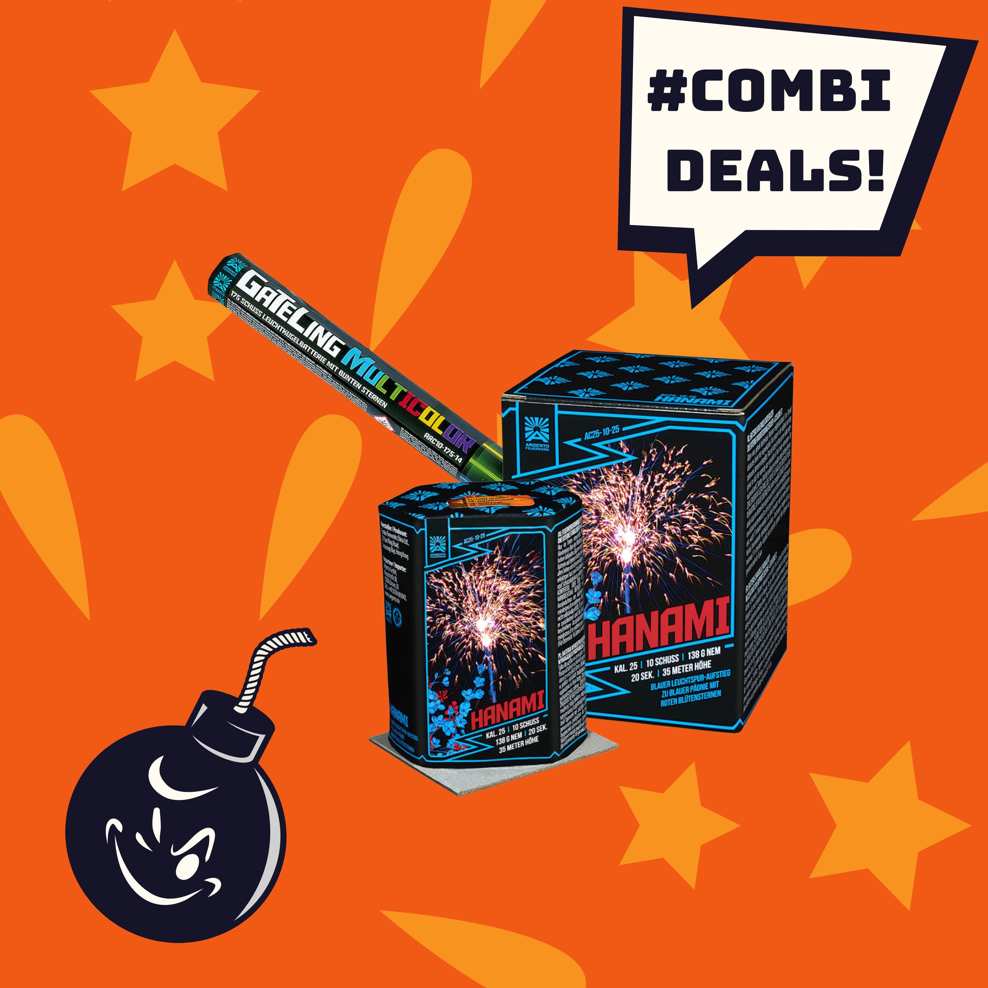 #COMBIDEAL 💣 von FEUERWERK OUTLET: Argento Gateling Multicolor + Hanami auf orangefarbenem Sternenhintergrund, mit einer lächelnden Cartoon-Bombe und einer Sprechblase „#KOMBI-ANGEBOTE! Genießen Sie dieses spezielle COMBIDEAL-Angebot“.