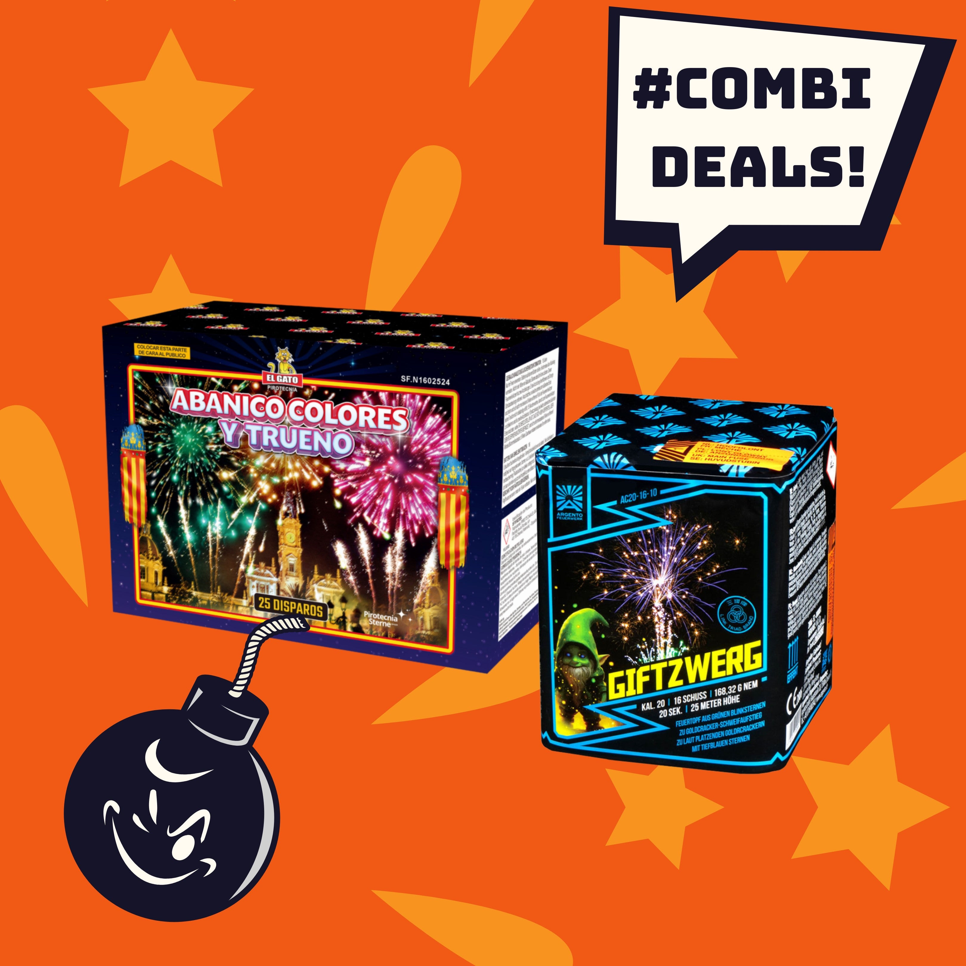 Zwei farbenfrohe FEUERWERK OUTLET-Boxen – Giftzwerg und El Gato Abanico Colores y Trueno – stehen auf einem orangefarbenen Hintergrund mit Sternen. Eine lächelnde Cartoon-Bombe und der Hashtag „#COMBIDEAL“ runden den festlichen Look ab.