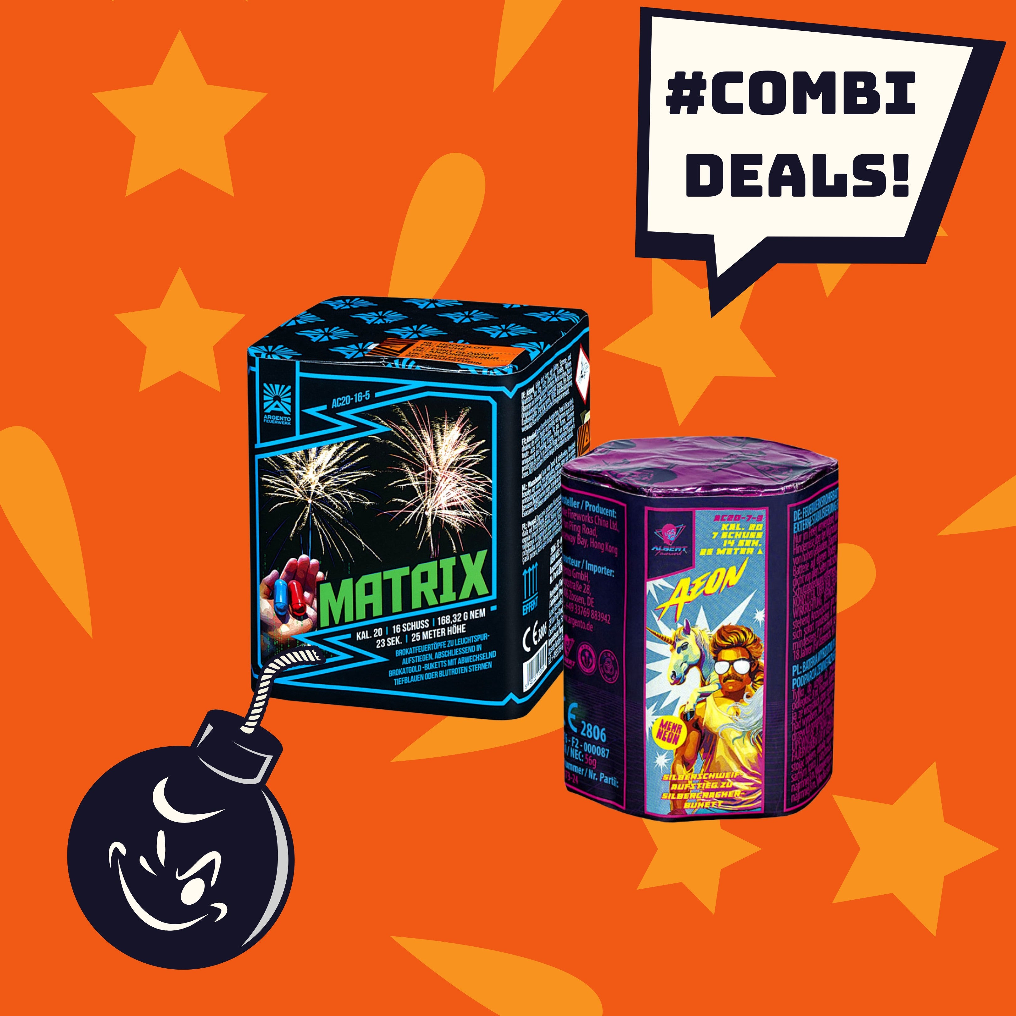 Das FEUERWERK OUTLET #KOMBIIDEAL 💞 Albert Aeon + Matrix bietet zwei bunte Feuerwerkspakete auf orangefarbenem Hintergrund mit Sternen, einer Comicbombe und einer Sprechblase mit der Aufschrift „#KOMBI-ANGEBOTE!“.