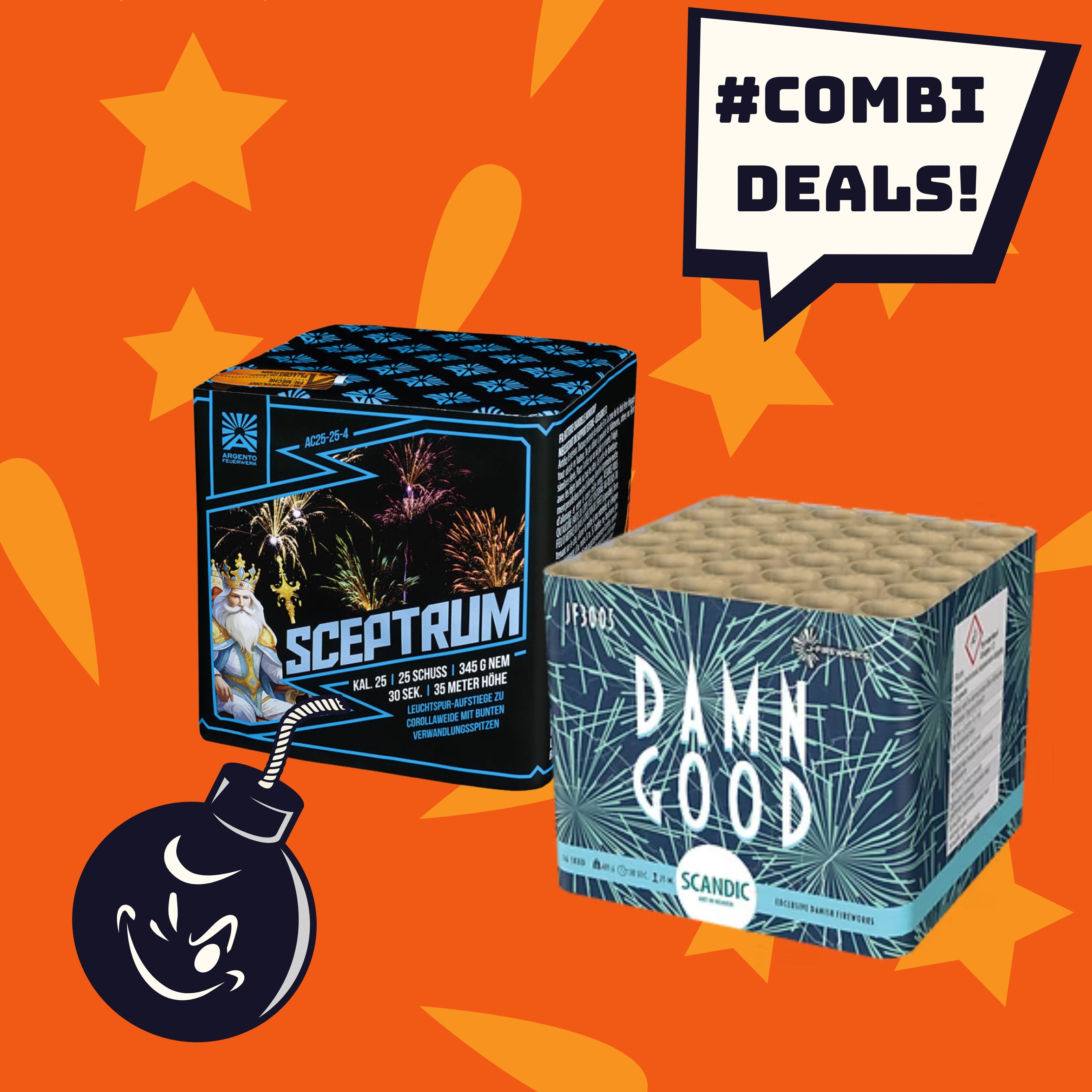 Zwei farbenfrohe FEUERWERK OUTLET-Boxen, „Scandic Damn Good“ und „Sceptrum“, aus dem Set #COMBIDEAL 💣, präsentiert auf einem orangefarbenen Hintergrund mit Sternenmuster, einer lächelnden Bombe und einer Sprechblase „#COMBI DEALS!“.