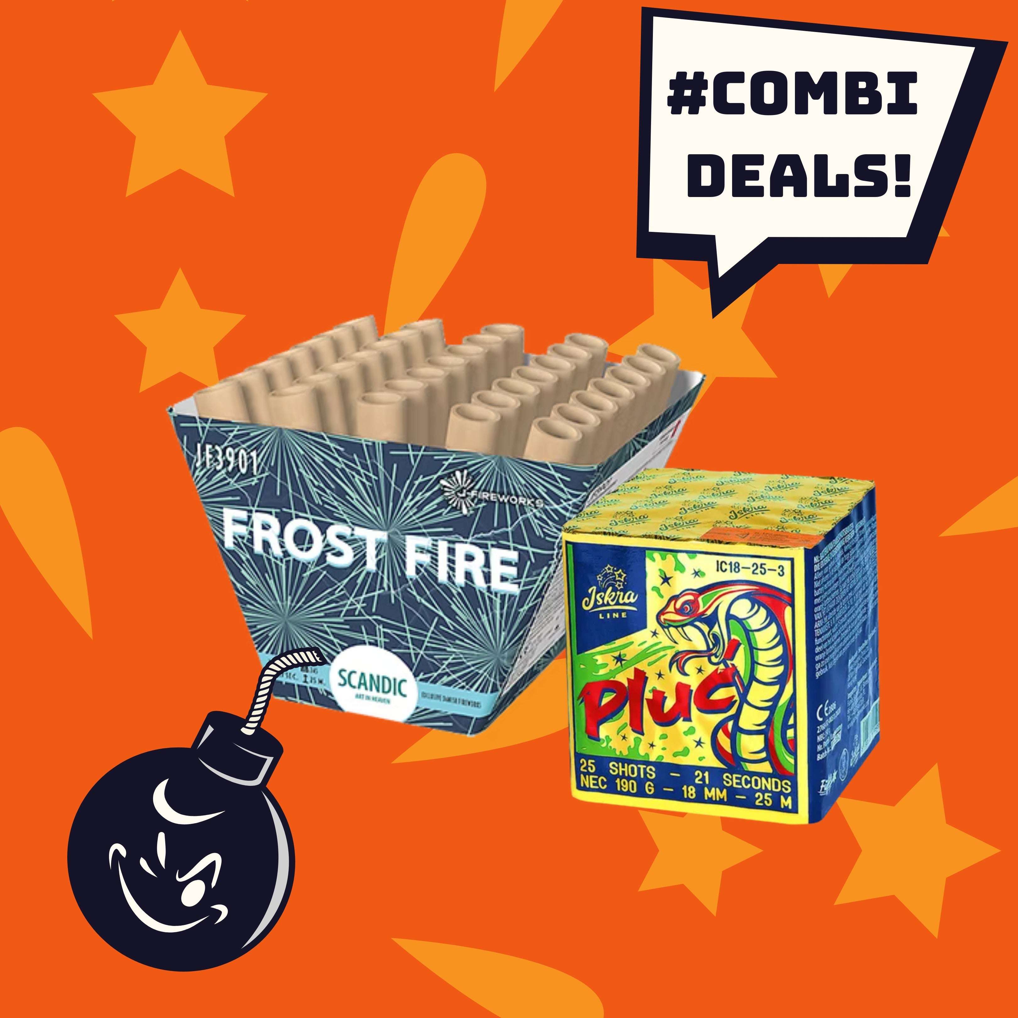 Ein lebendiges Werbebild zeigt eine Schachtel mit #COMBIDEAL 💣 Scandic Frost Fire + Iskra Pluc Feuerwerk vom FEUERWERK OUTLET auf einem orangefarbenen Hintergrund mit Sternen, einer Cartoon-Bombe und einem „Combi Deals!“-Schild in der Ecke.