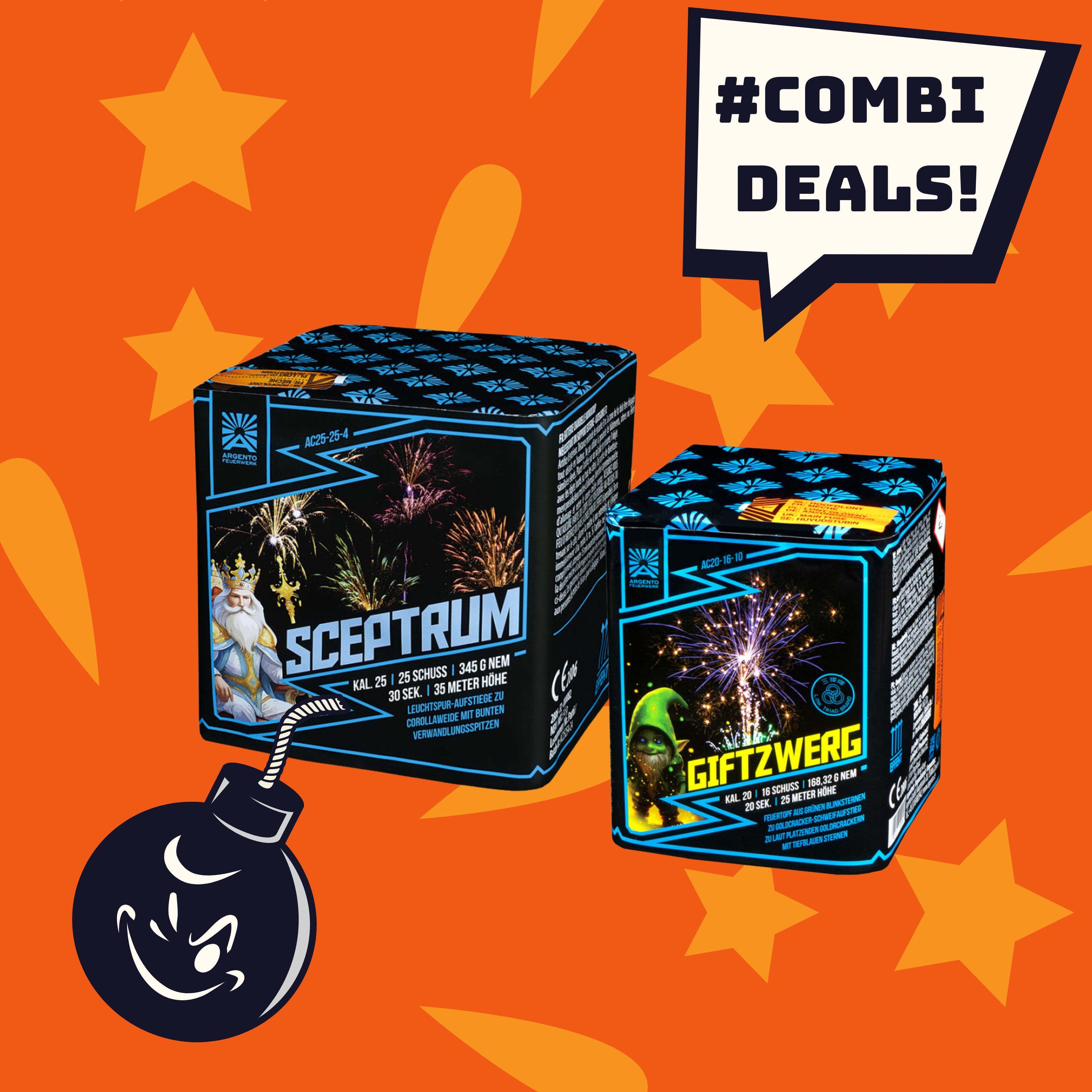 Zwei Schachteln mit Argento-Feuerwerkskörpern, Sceptrum und Giftzwerg 41sh, sind auf einem orangefarbenen Hintergrund mit Sternen, einer Comic-Bombe und einer Sprechblase „#COMBIDEAL 💣“ abgebildet.