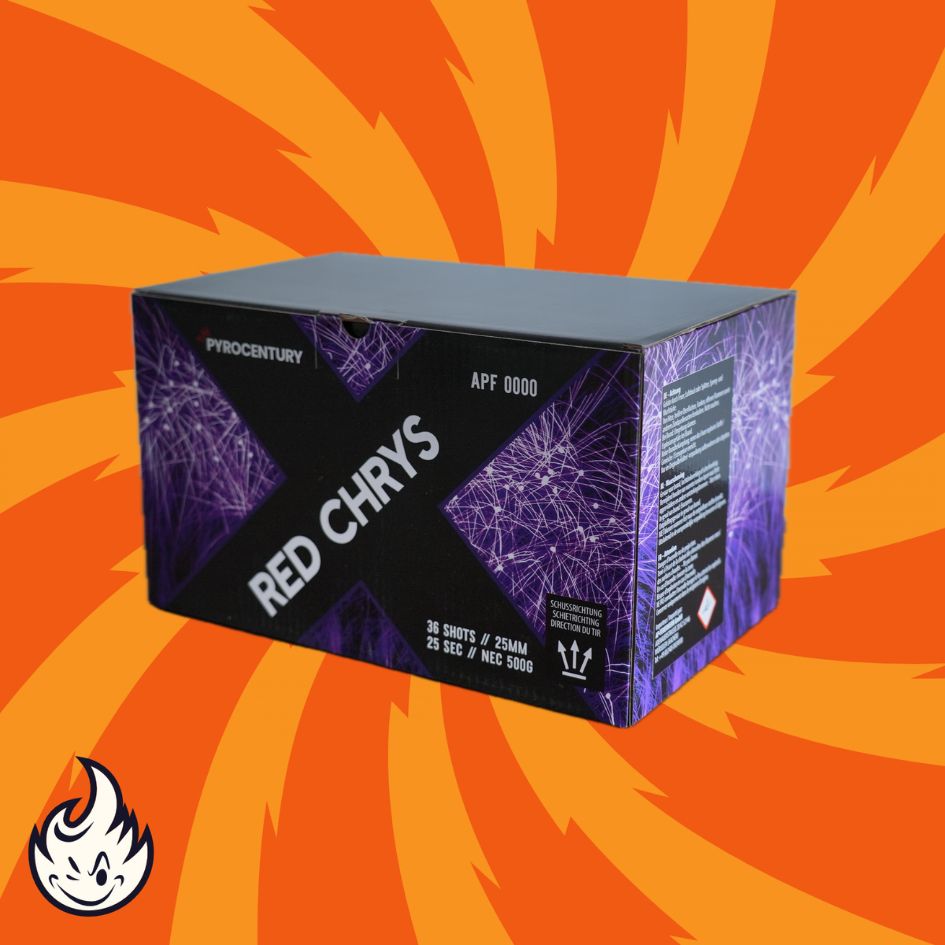 Eine rechteckige Schachtel mit der Aufschrift "Pyrocentury Red Chrys 36sh Fan" mit einem lila-schwarzen Muster steht vor einem orangefarbenen Hintergrund mit strahlenden Wirbeln; ein kleines Flammenlogo unten links unterstreicht das Flair der Pyrocentury Feuerwerksbatterie.