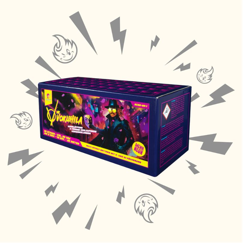 Eine farbenfrohe Schachtel mit Feuerwerkskörpern von Albert V wie Vokuhila, mit einer Cartoon-Figur mit Hut und Brille auf dem Etikett, umgeben von illustrierten Funken und Blitzen auf hellem Hintergrund.