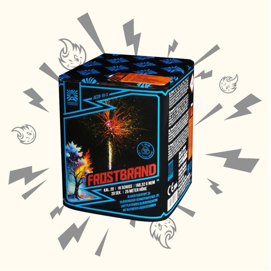 Die Argento Frostbrand 16sh Feuerwerkskiste von Argento zeigt einen Baum mit lebhaftem Feuerwerk über dem Kopf, unterlegt mit verspielten Flammen- und Blitzgrafiken.