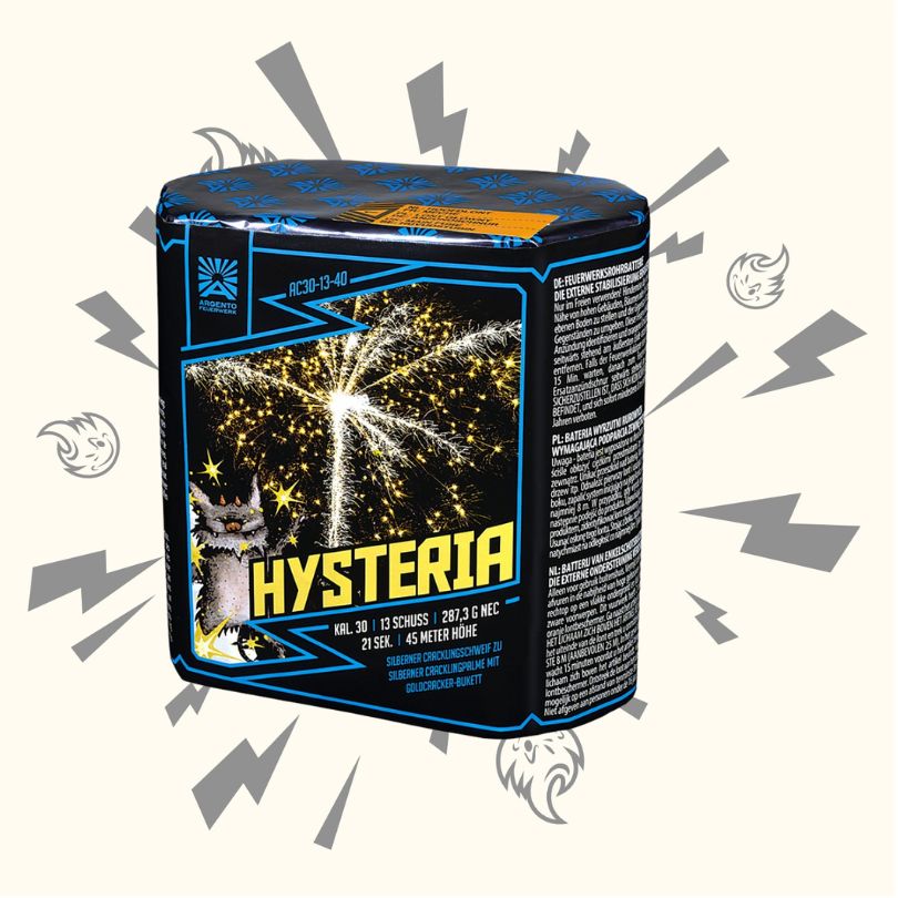 Die "Argento Hysteria 13sh" von Argento zeigt auf ihrer Verpackung einen Drachen und lebendige Funken, die eine 30mm Feuerwerksbatterie mit silbernen und goldenen Knalleffekten hervorheben, die vor einem hellen Hintergrund mit Explosionsgrafiken stehen.
