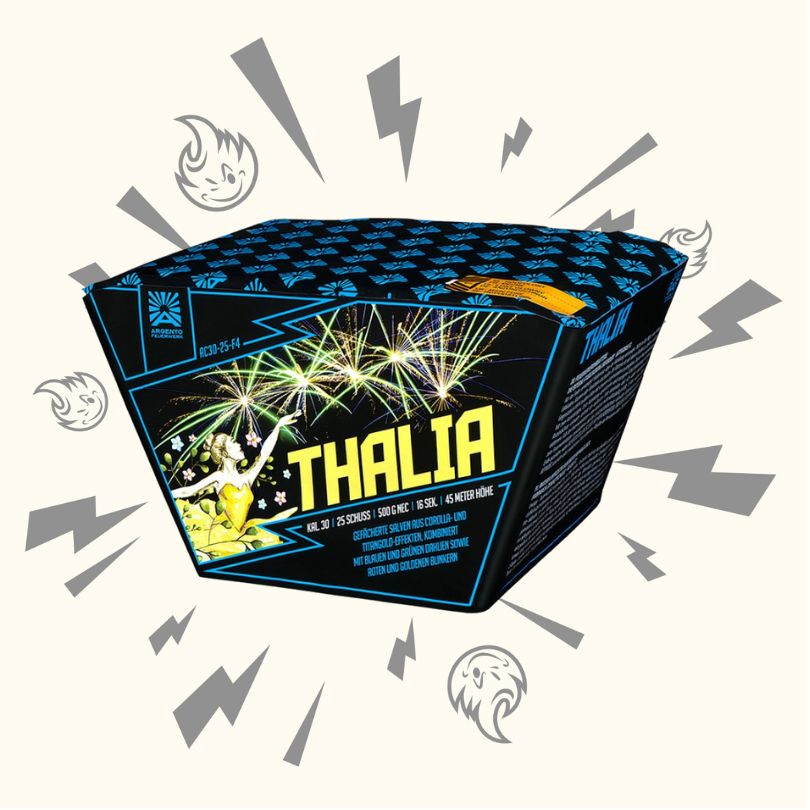 Eine Schachtel mit der Aufschrift "Argento Thalia Z, Fan 25sh" von Argento zeigt ein lebhaftes fächerförmiges Feuerwerk über einer goldenen Frauenfigur. Auf der schwarzen Verpackung sind blaue und gelbe Details, Cartoon-Blitze und lächelnde Flammen zu sehen, die die Effekte des Kalibers 30 mm anpreisen.