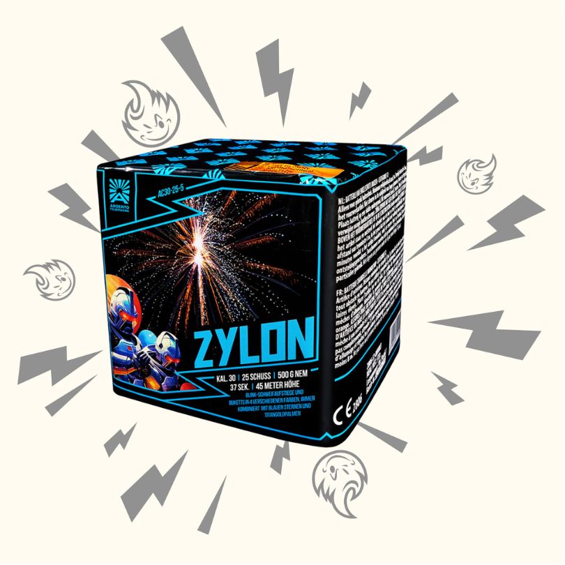 Die schwarze Argento Zylon Feuerwerksdose von Argento zeigt lebendige, gepanzerte Figuren, ein explodierendes Feuerwerk, graue Cartoon-Gesichter und Blitze auf hellem Hintergrund.