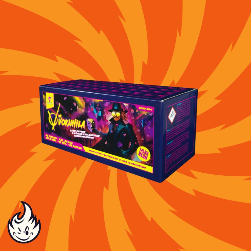 Die leuchtende Feuerwerksdose "Albert V wie Vokuhila" von Albert zeigt eine Neonfigur mit Hut und Sonnenbrille auf einem orangefarbenen, spiralförmigen Hintergrund, mit russischem Text und einem Flammenlogo unten links.